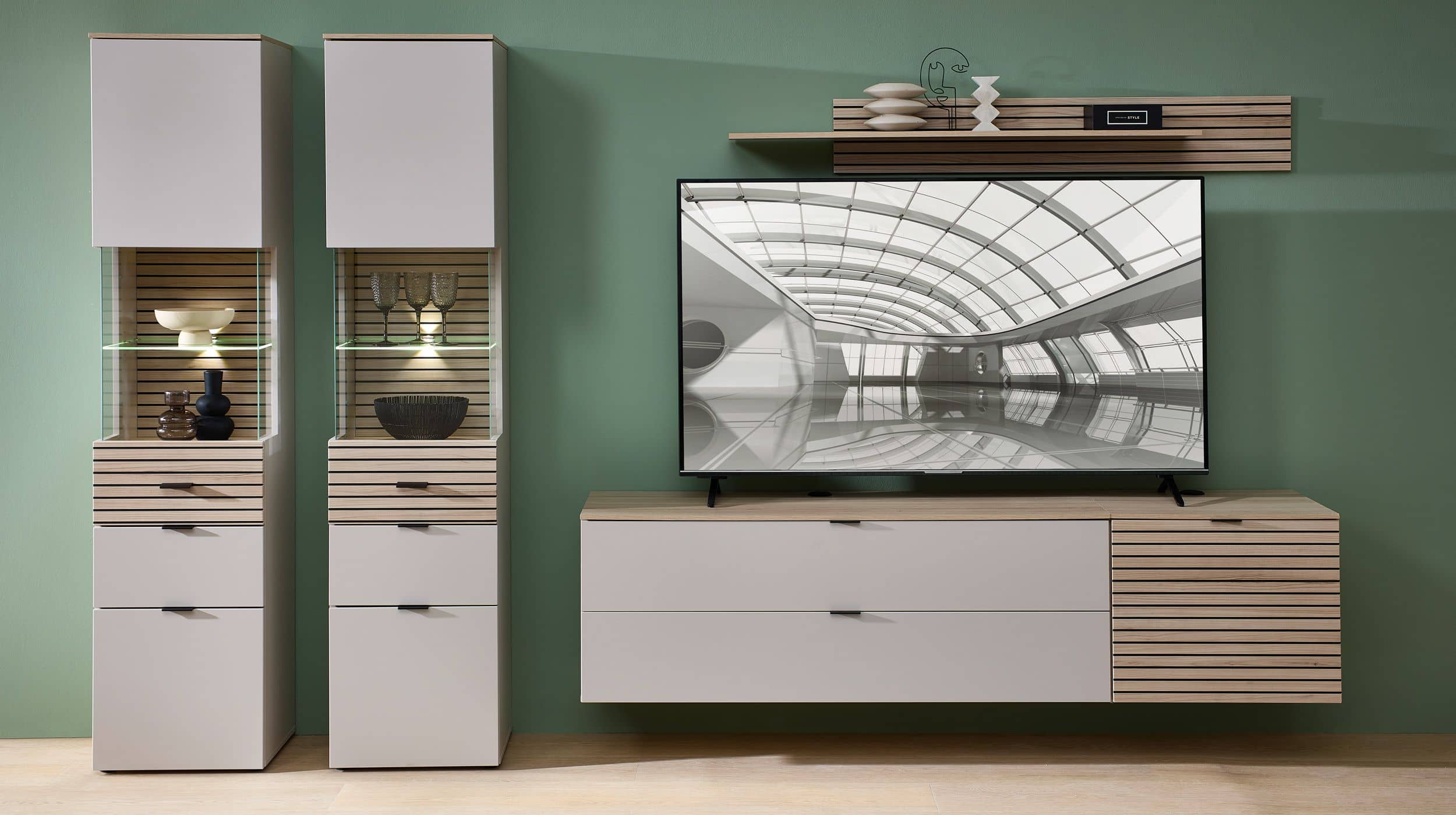 Wohnwand beige - Riva Eiche 320 cm LED-Beleuchtung - INA