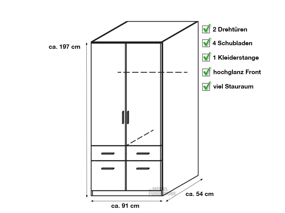 Kleiderschrank weiß hochglanz 91 cm 2-türig - CELLE