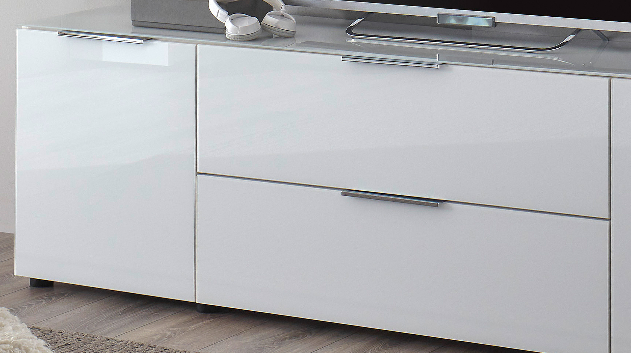 TV-Lowboard weiß - Glasfront - 180 cm - SANTORIN