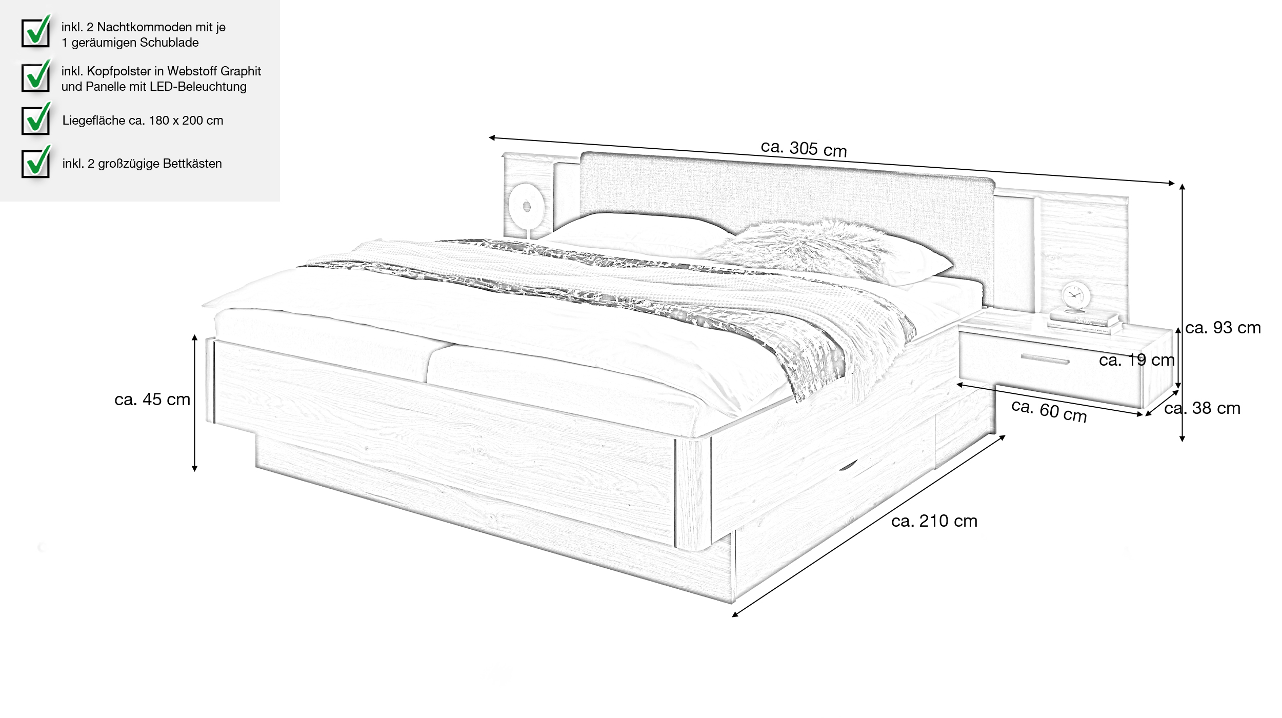 Bettanlage 180 x 200 cm Eiche - graphit - ASCHAU