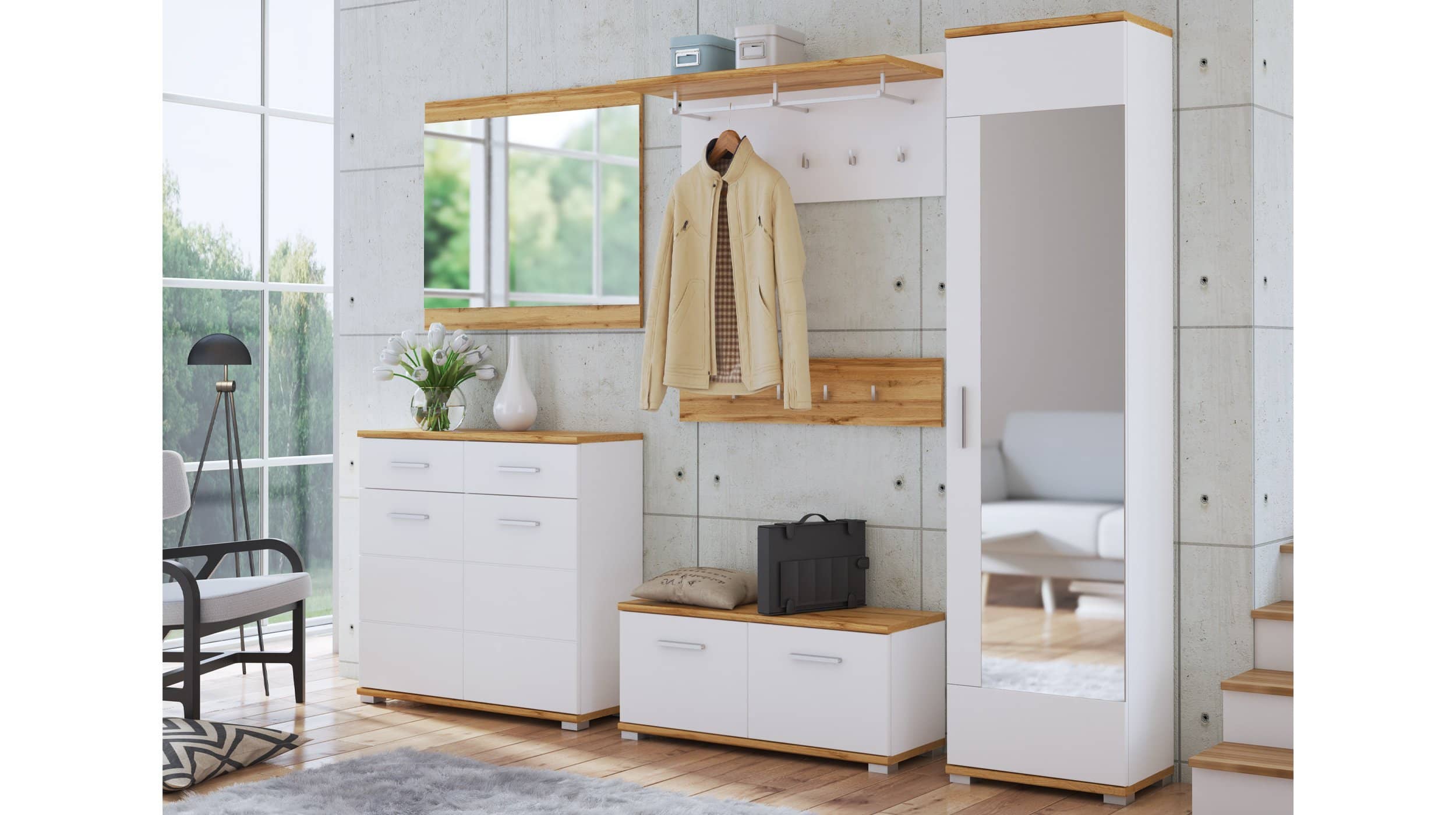 Garderobenschrank alpinweiß  - Wotan Eiche 199 cm - HOLA