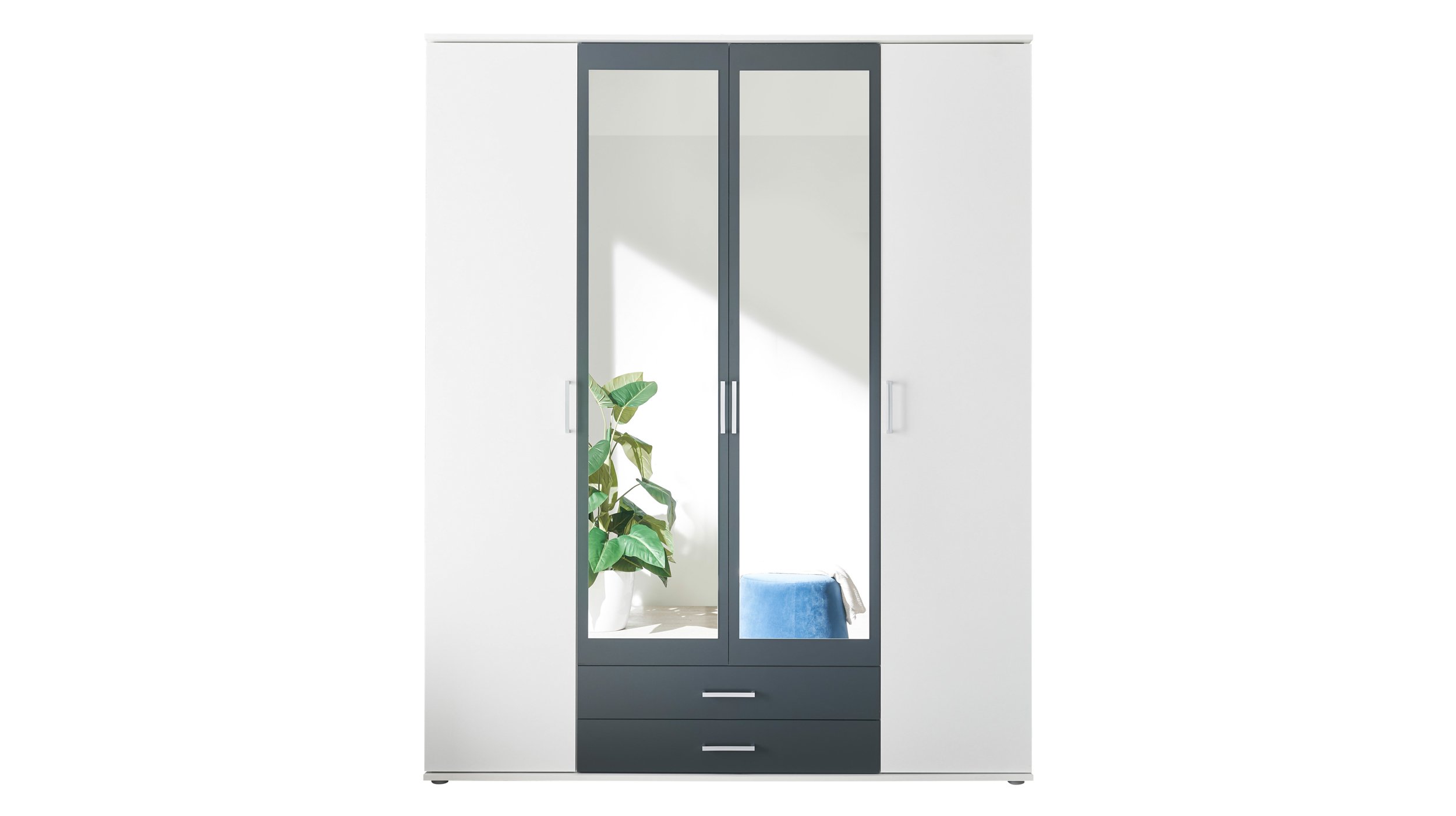 Kleiderschrank mit Spiegel - weiß - graphit - 160 cm - HANAU Kleiderschrank mit Spiegel - weiß - graphit - 160 cm - HANAU