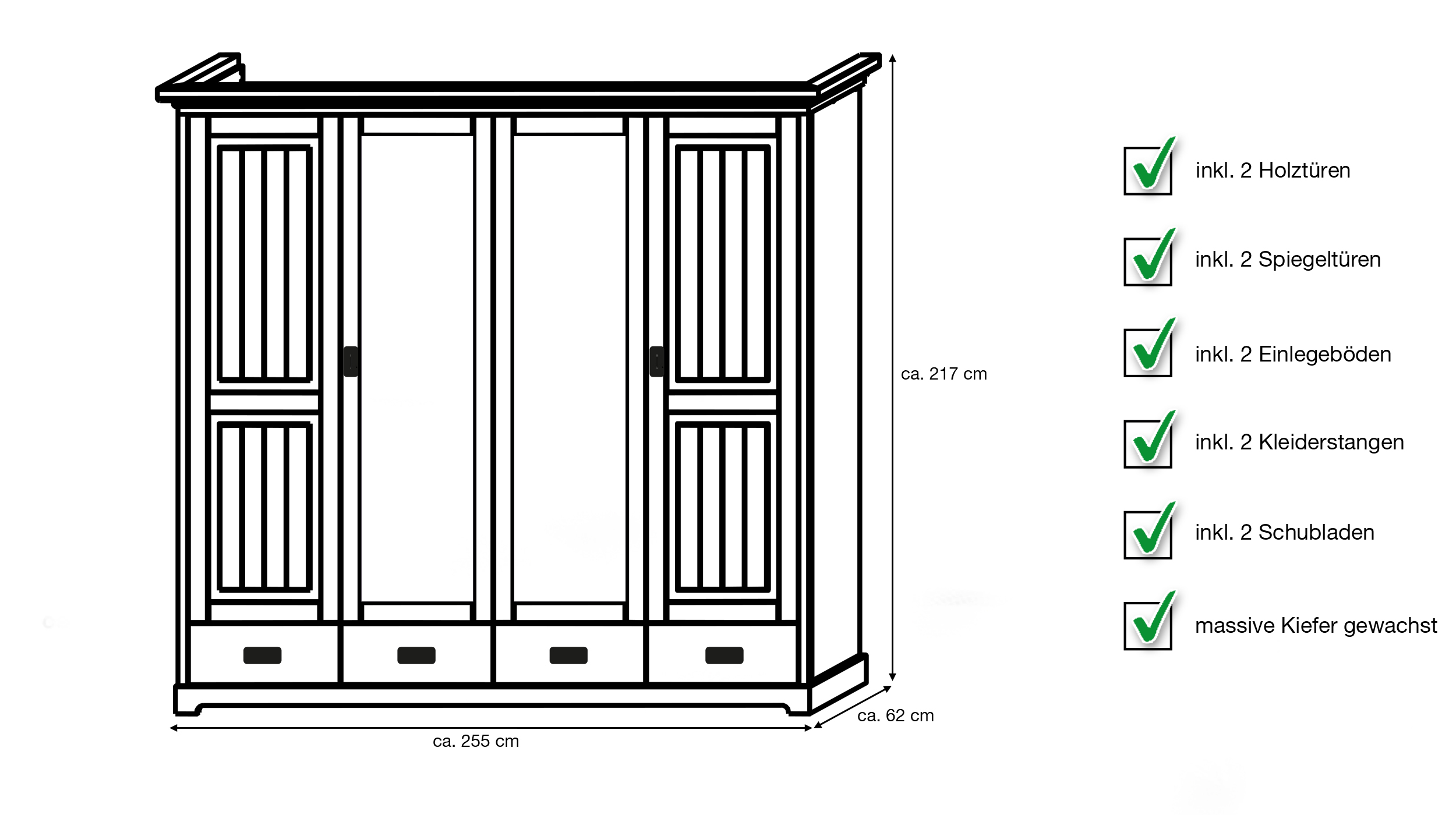 Kleiderschrank Kiefer massiv weiß gewachst 255 cm - MATILDA