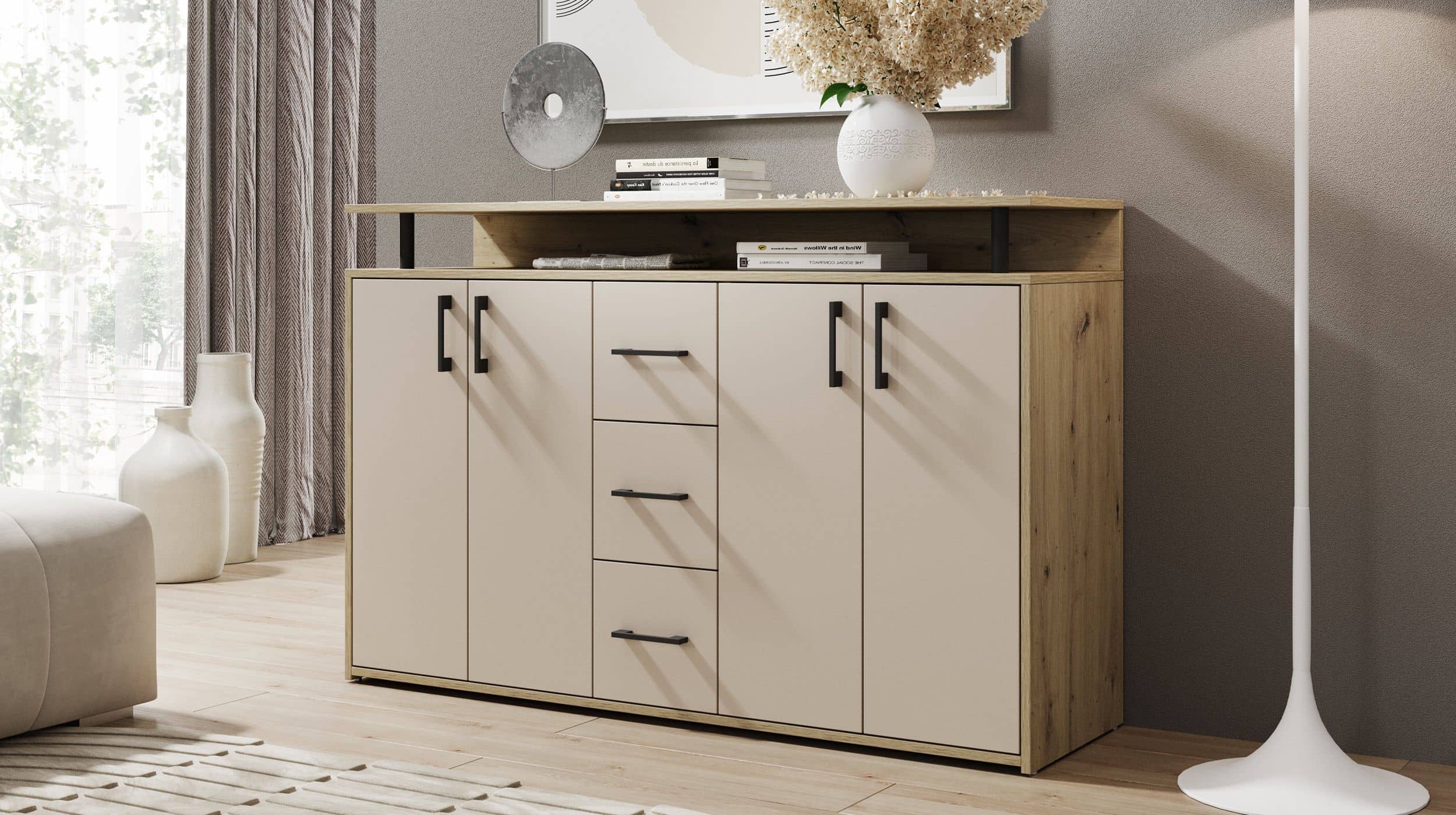 Highboard 4 Türen 3 Schubladen Artisan Eiche beige 139 cm - DRIFT