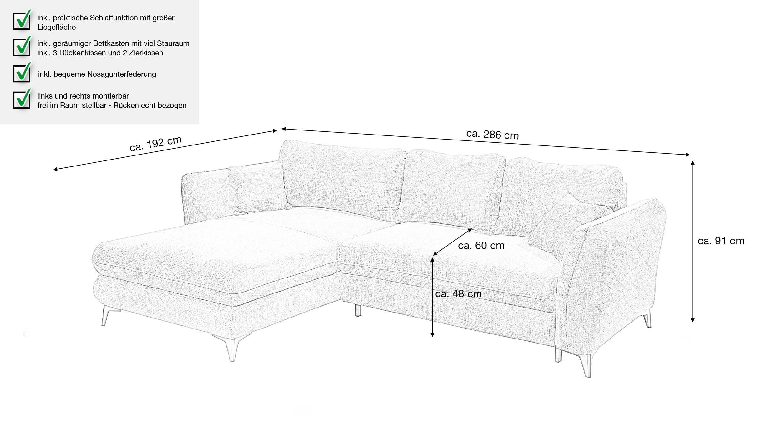 Ecksofa mit Schlaffunktion grau 286 x 192 cm - Bettkasten - HEYLAND