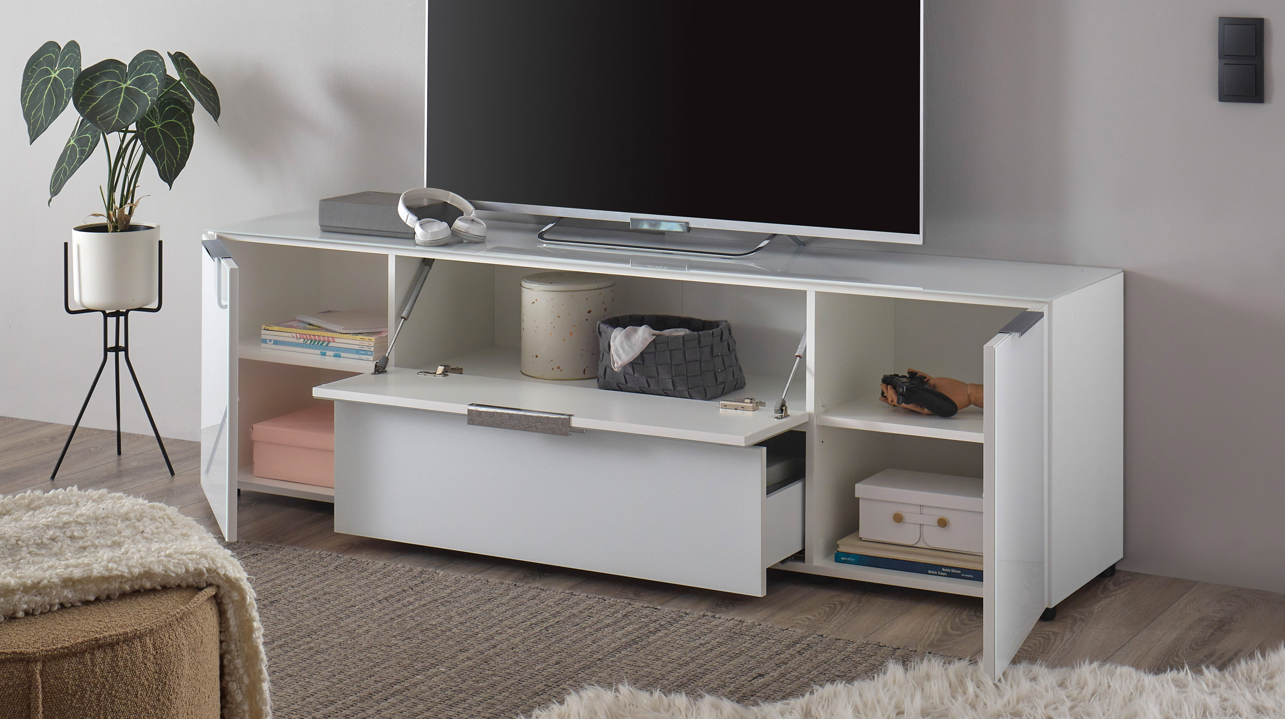 TV-Lowboard weiß - Glasfront - 180 cm - SANTORIN
