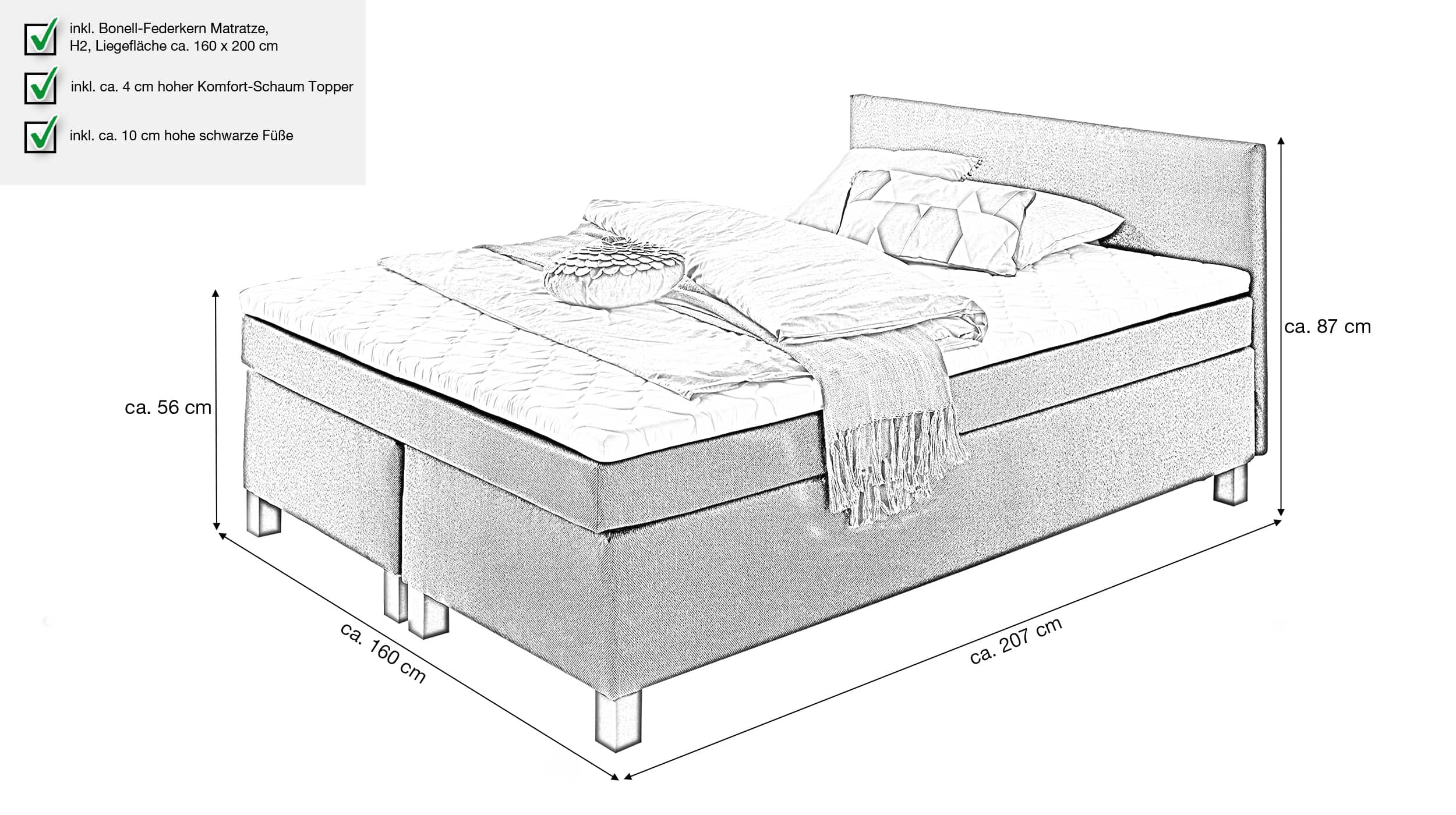 Boxspringbett 160 x 200 cm grau Stoffbezug - PHILLY