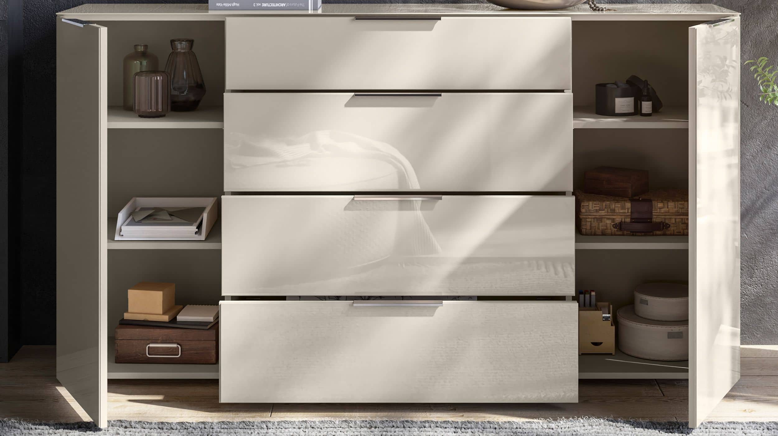 Sideboard 4 Schubladen - grau - Glasfront - 180 cm - SANTORIN