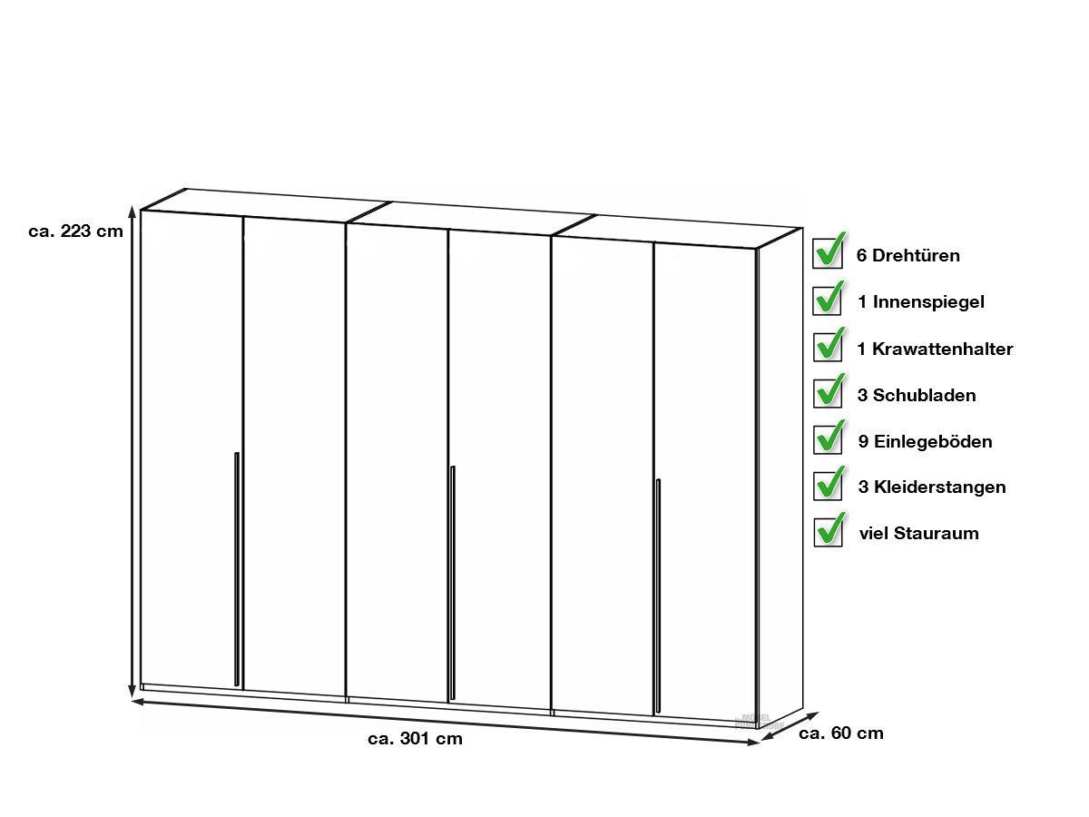 Kleiderschrank weiß 301 cm mit Innenspiegel - MONTCLAR