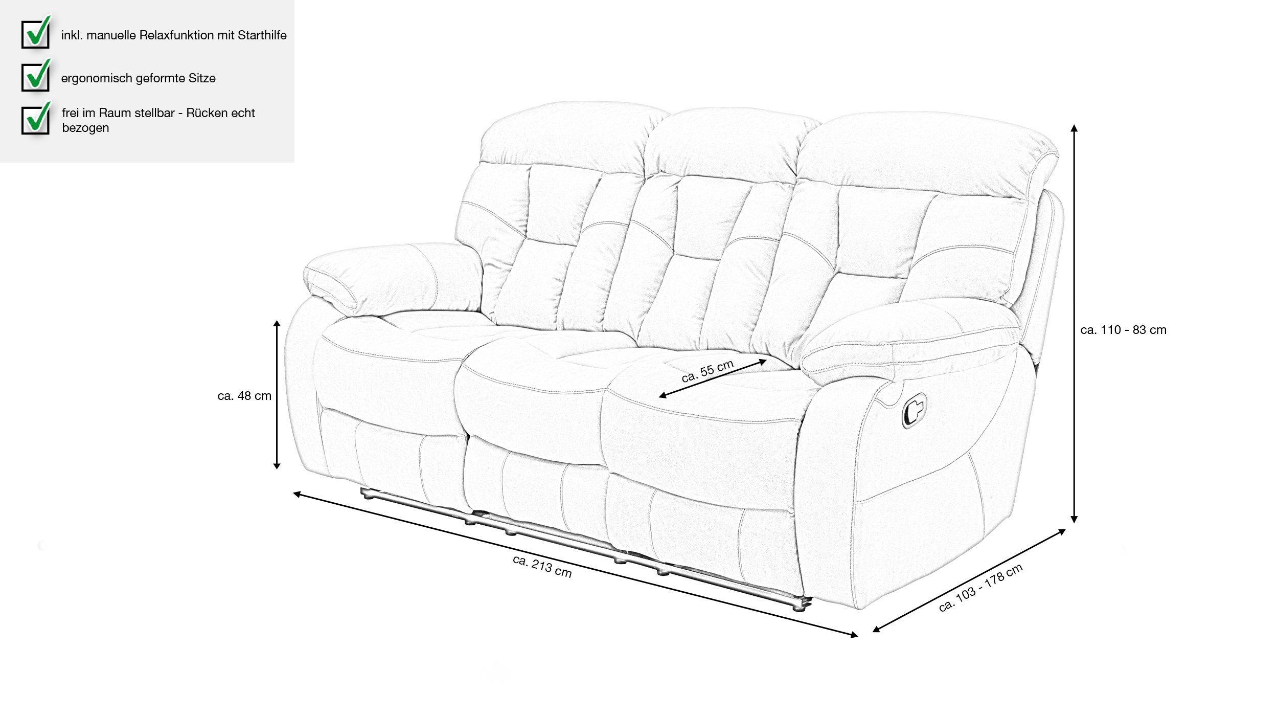Einzelsofa Microfaser grau 213 cm - Relaxfunktion - SABINO