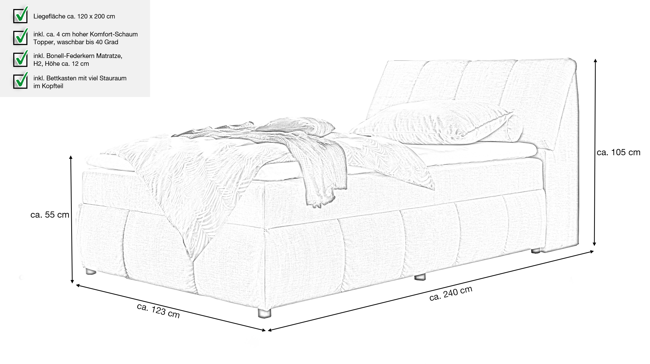 Boxbett 120 x 200 cm grau Stoffbezug Bettkasten - MADRID