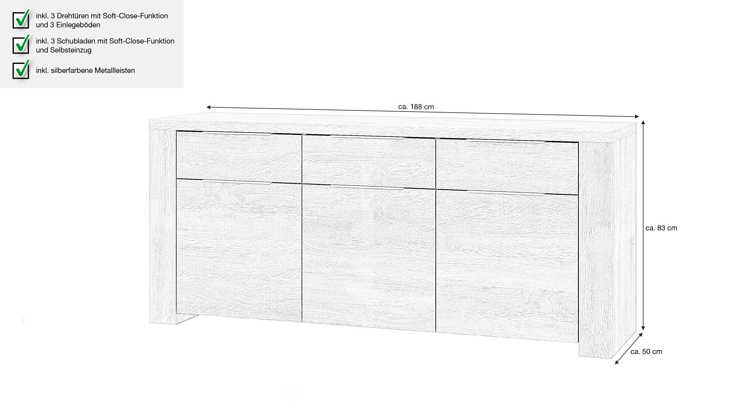 Sideboard Sonoma Eiche - 3-türig - 188 cm - CALPE