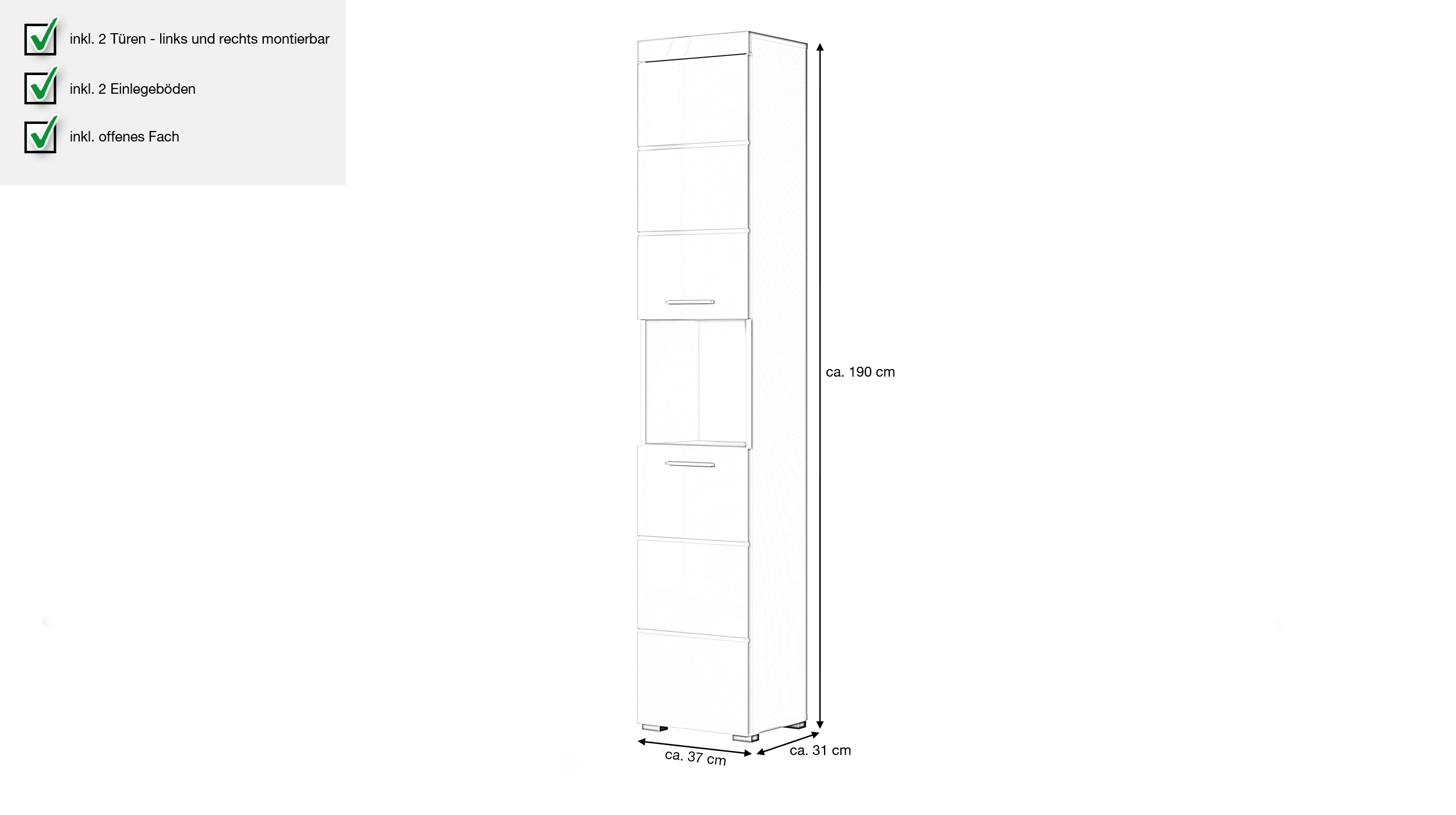 Bad Hochschrank weiß hochglanz 2 Türen Breite 37 cm - AMANDA