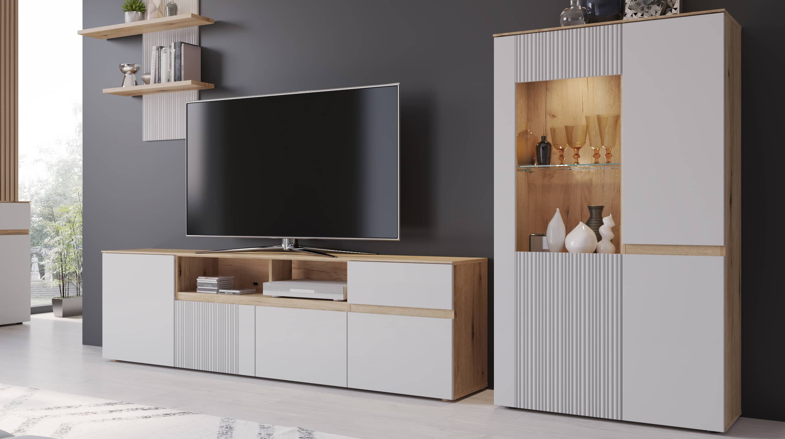 Vitrine mit Glastür grau - Coast Evoke Eiche 152 cm - MANILLA