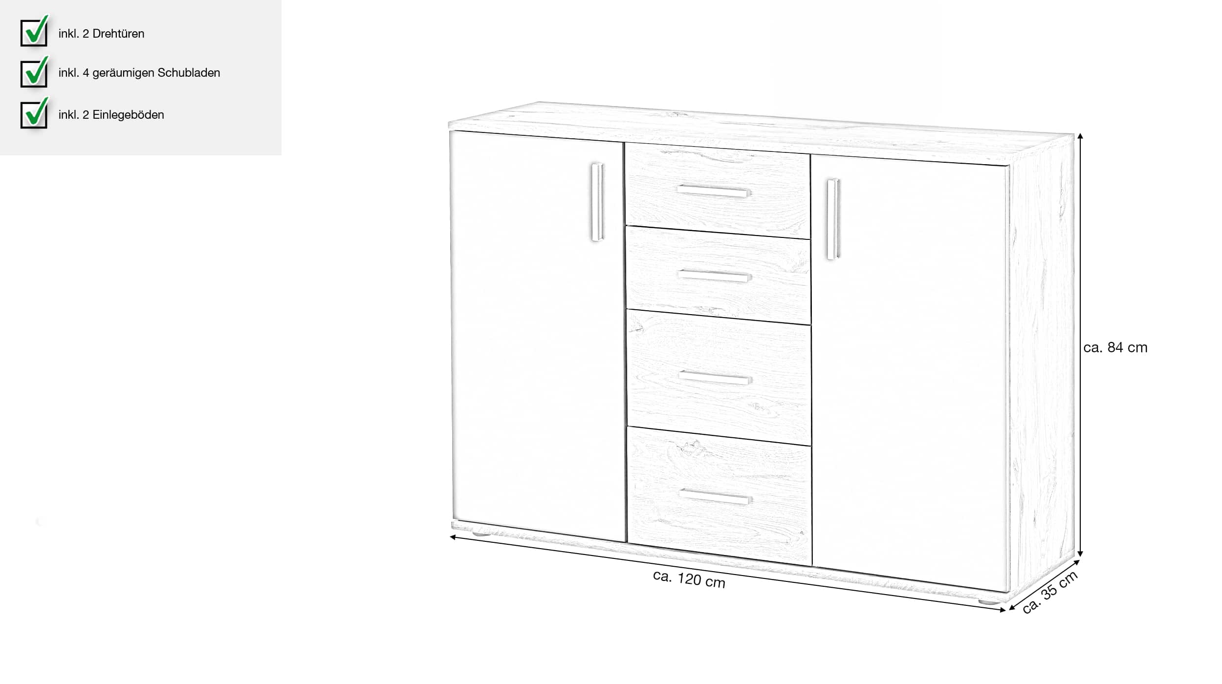 Kommode Viking Oak - grau 120 x 84 cm 2-türig - BOBBY