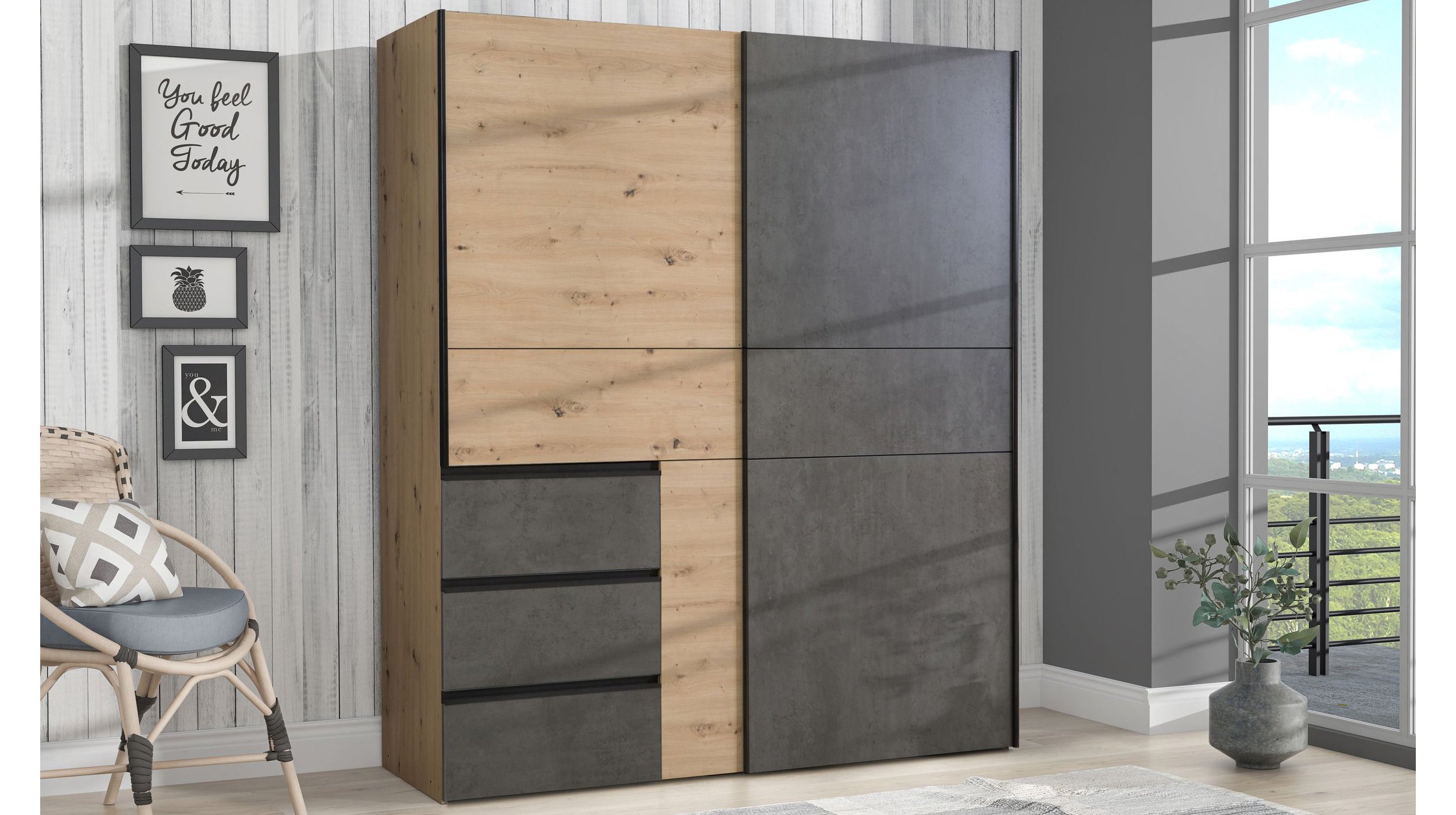 Schwebetürenschrank Artisan Eiche - grau 170 cm - WINN