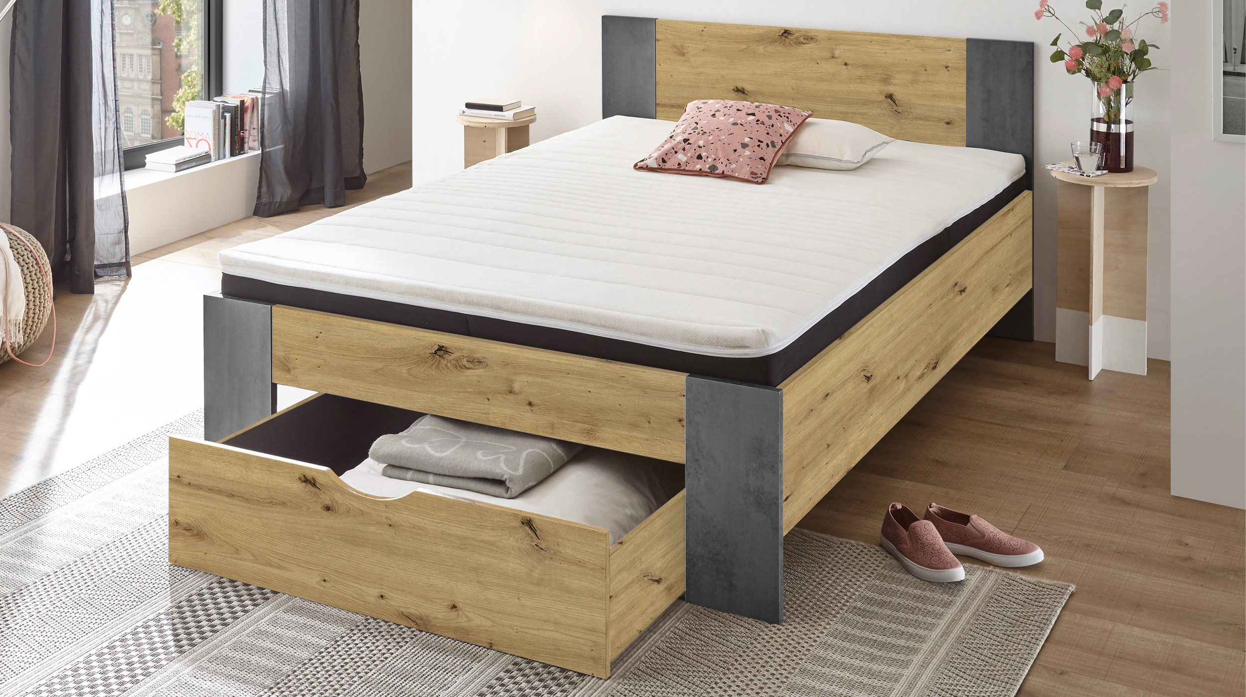 Jugendbett 140 x 200 cm Artisan Eiche mit Bettkasten - MARTIN