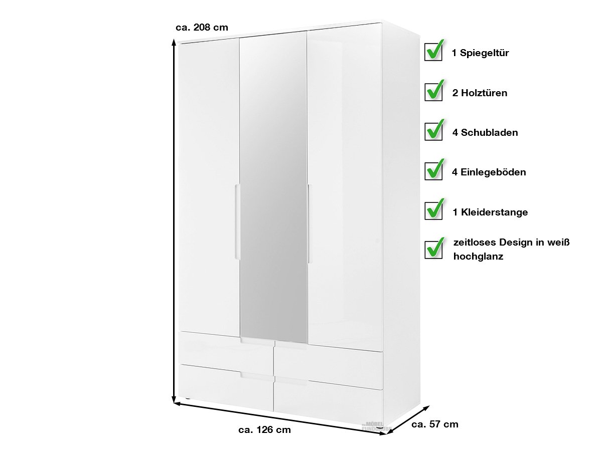 Kleiderschrank mit Spiegel - weiß hochglanz - 126 cm - SPICE