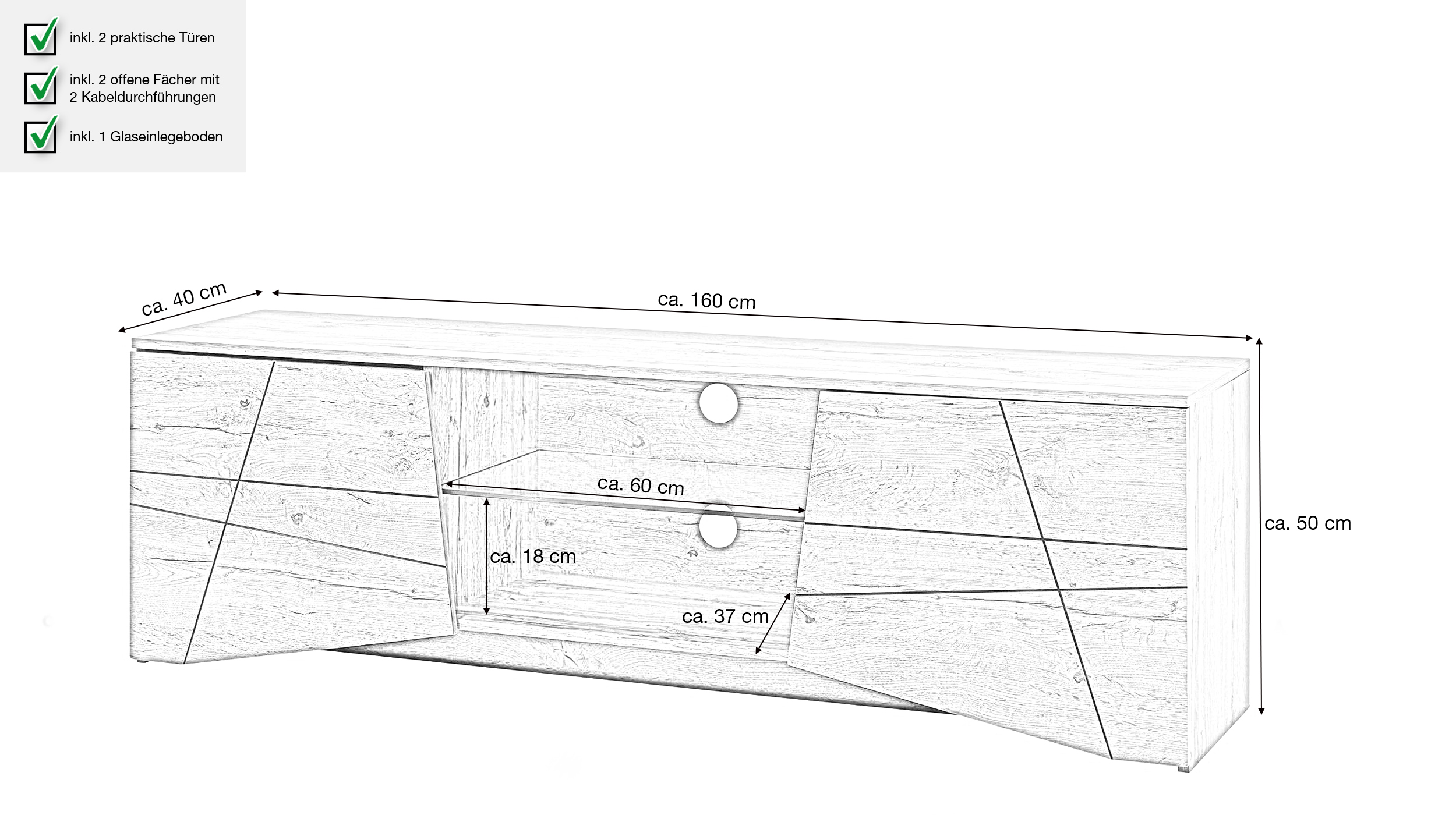 TV - Lowboard Eiche 160 cm - 2-türig - ELVAR 
