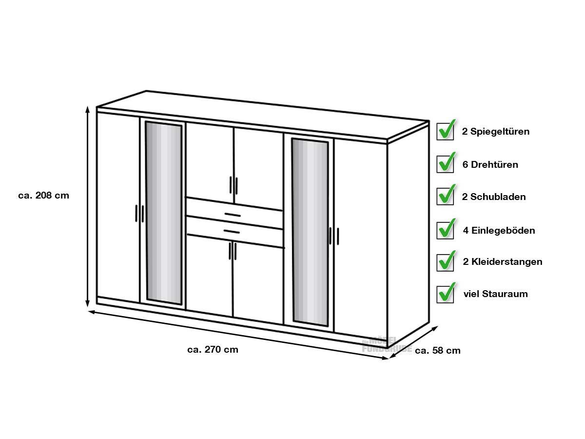 Kleiderschrank Spiegel 270 cm Sägerau Eiche - graphit - DIVER
