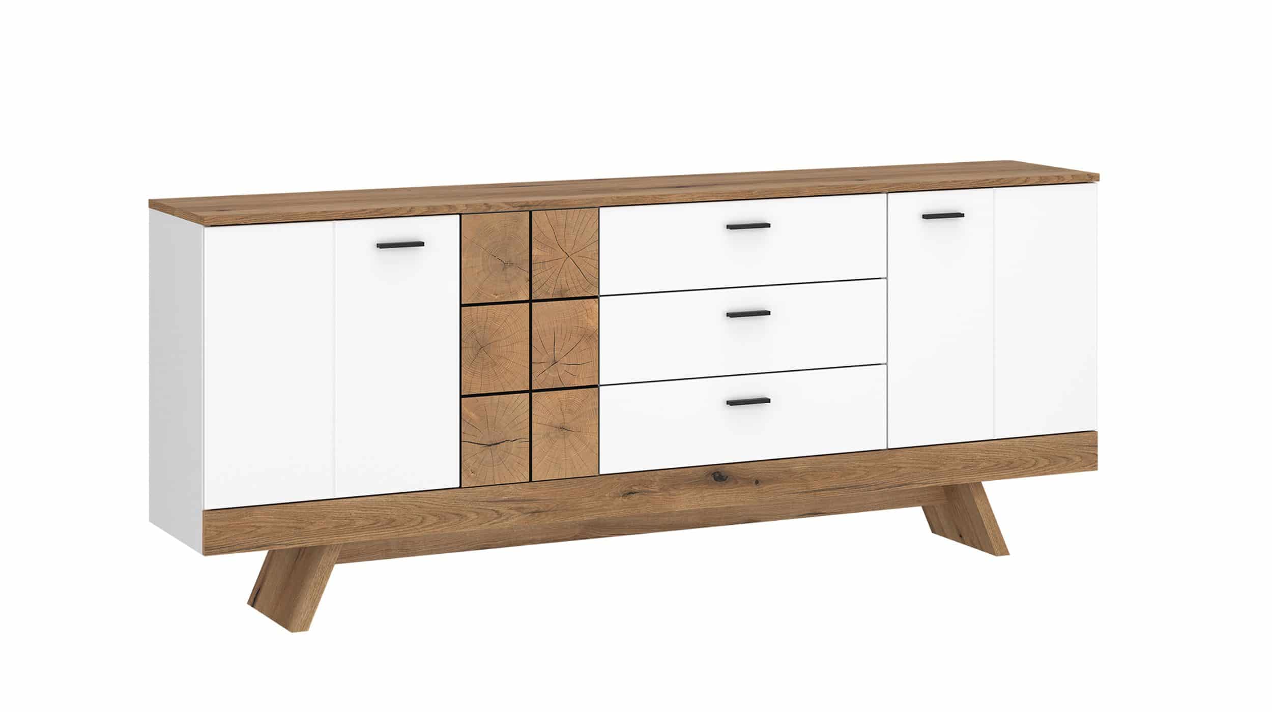 Sideboard mit 3 Schubladen weiß Hochglanz - Eiche 184 cm - ORETA Sideboard mit 3 Schubladen weiß Hochglanz - Eiche 184 cm - ORETA