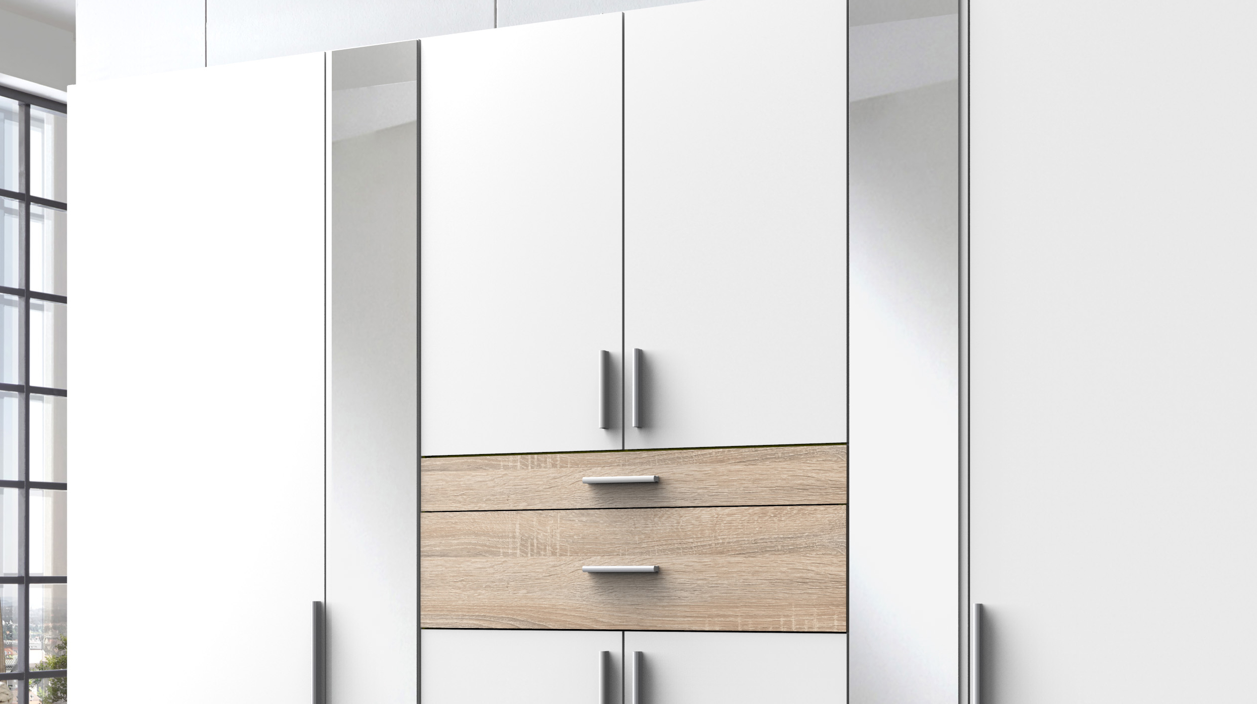 Kleiderschrank - Spiegel 270 cm weiß - Eiche 8-türig - CHEEP