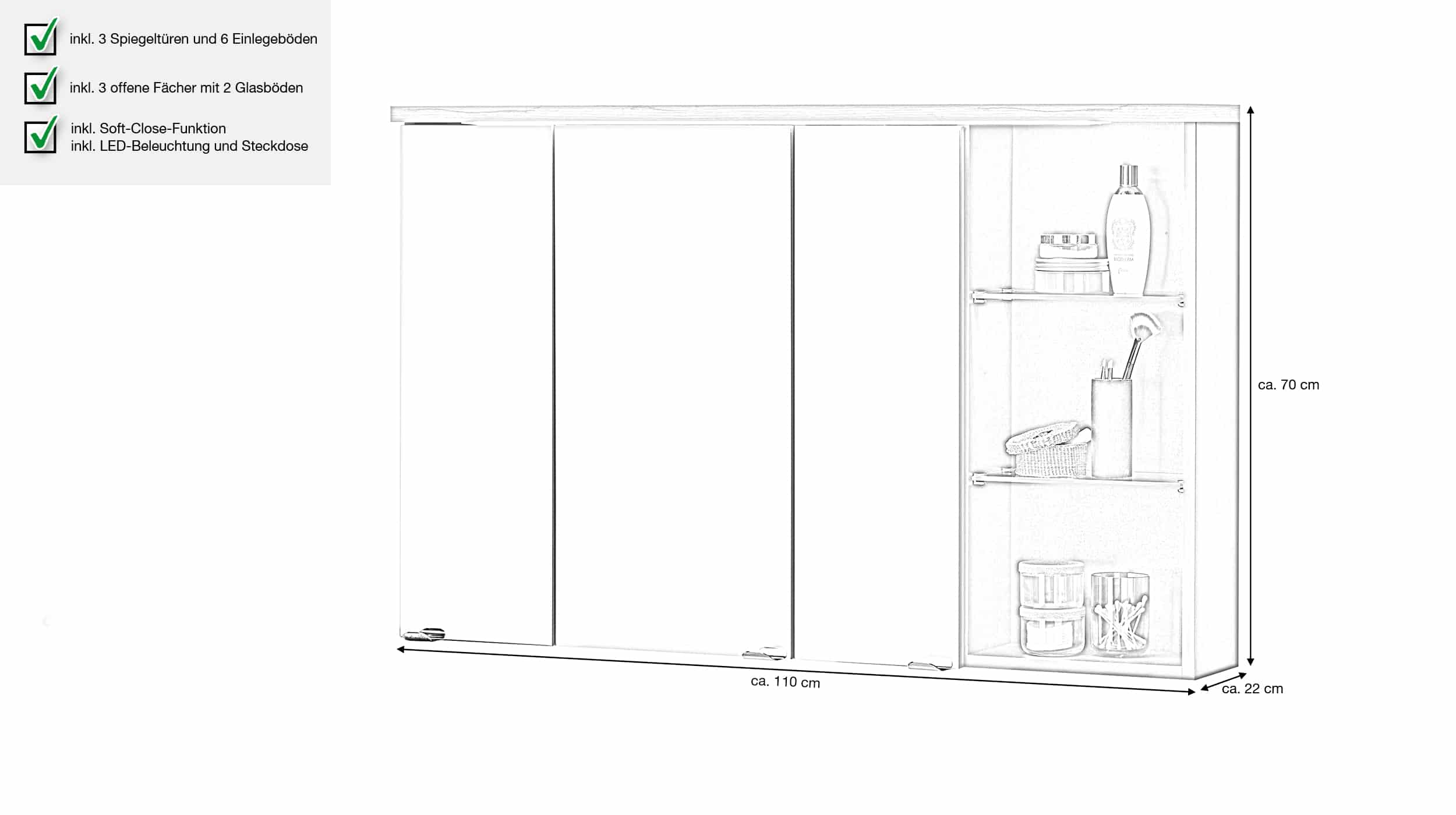 Spiegelschrank grau - Eiche 110 cm Beleuchtung - MEMPHIS