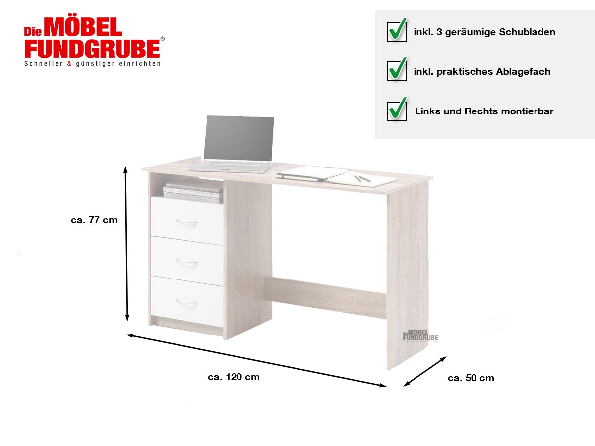 Computerschreibtisch Sonoma Eiche - weiß 120 cm - ADRIA