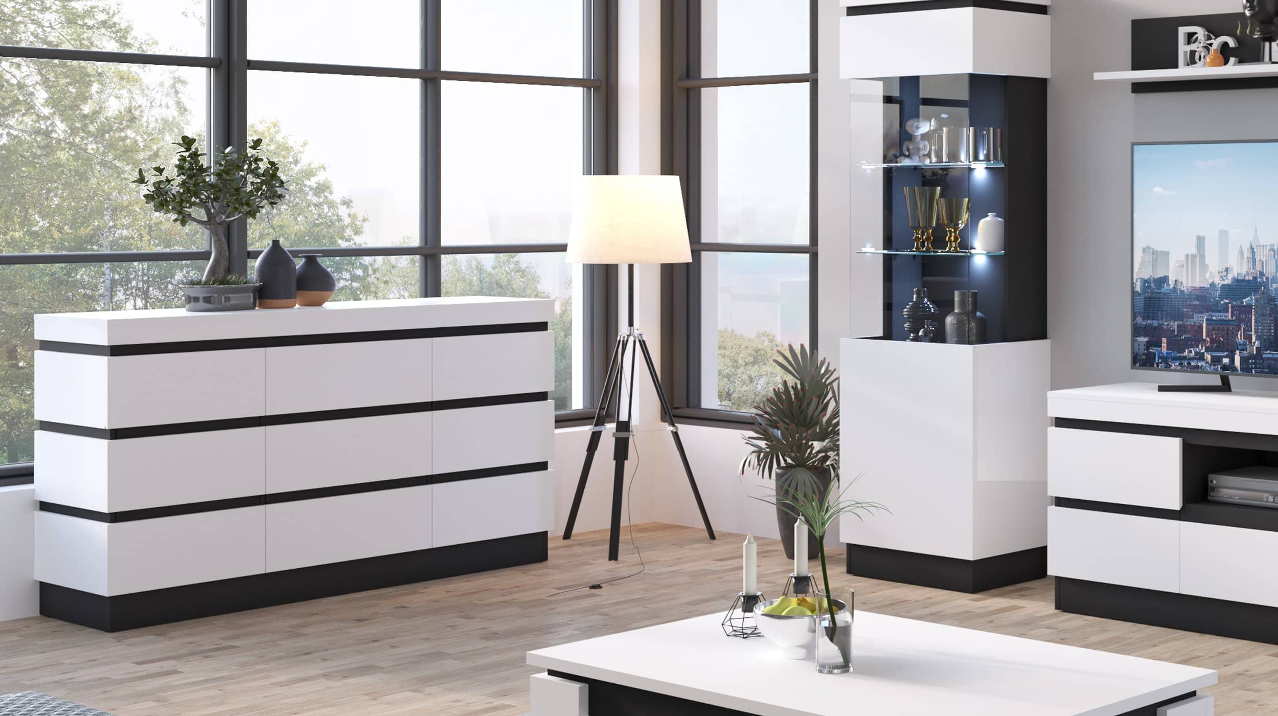 Sideboard alpinweiß anthrazit 161 cm - CAMPANIA