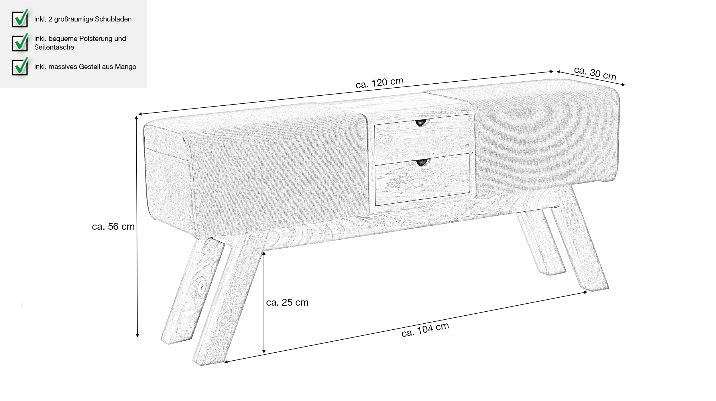 Sitzbank mit Schubladen 120 cm Mango lackiert - TUVA 