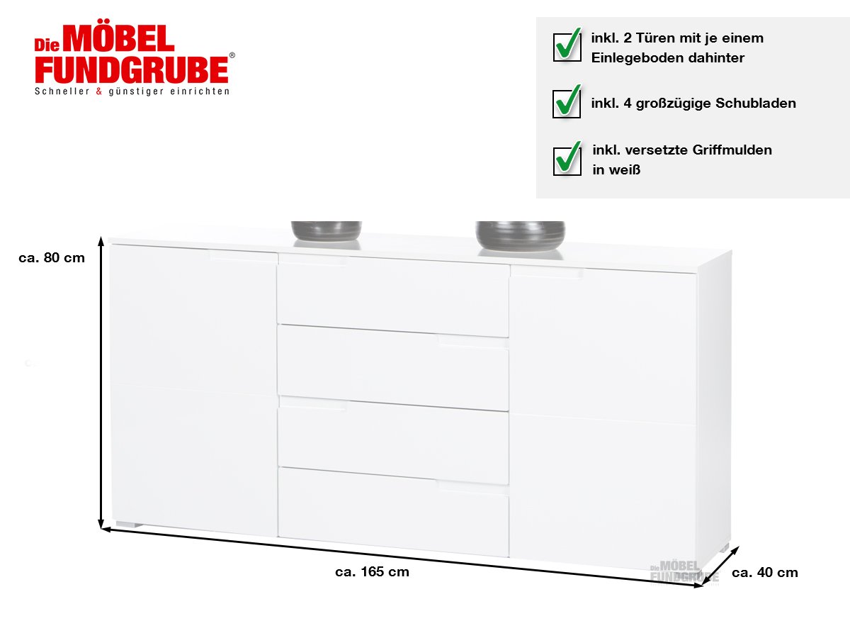 Sideboard weiß hochglanz 165 cm 2-türig - SPICE