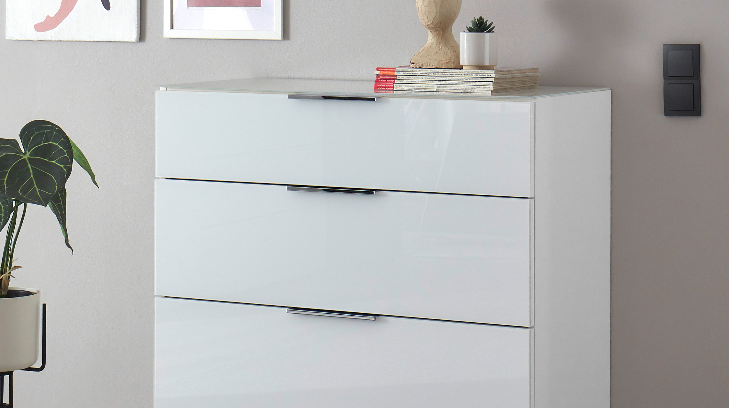 Kommode 4 Schubladen - weiß - Glasfront - 90 cm - SANTORIN
