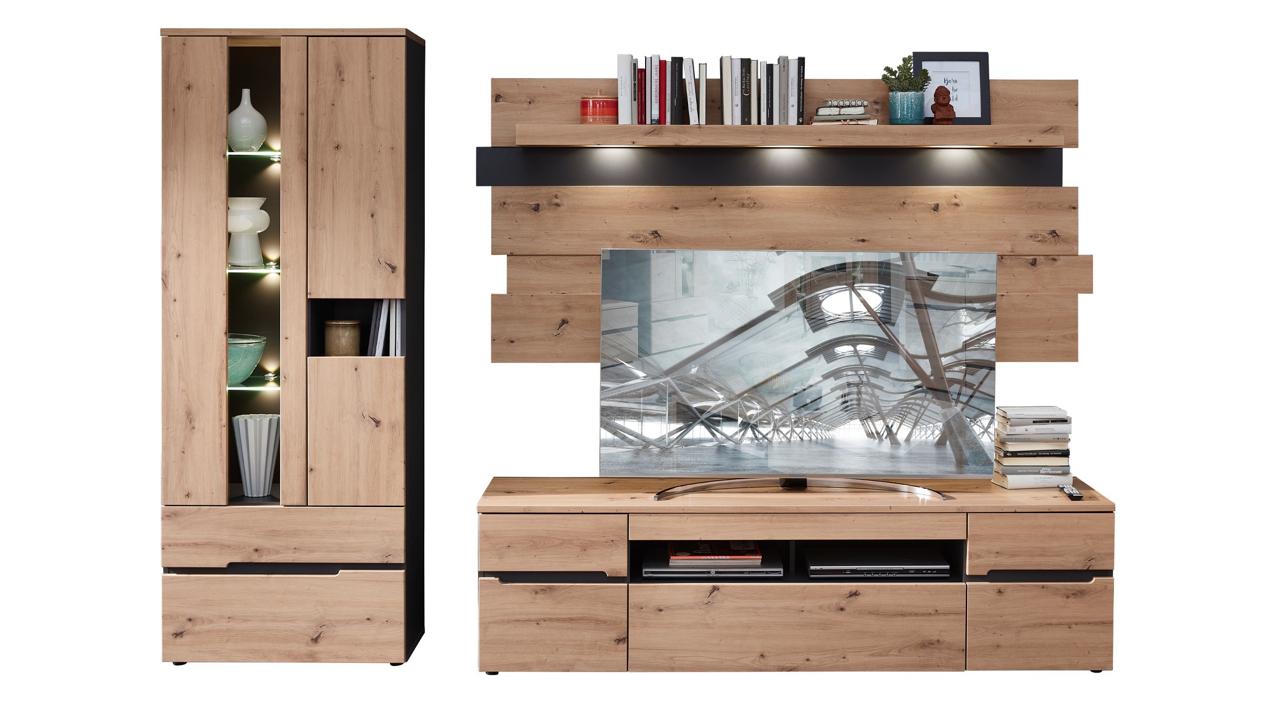 Wohnwand Artisan Eiche Graphit 287 cm mit Beleuchtung - MEMPHIS Wohnwand Artisan Eiche 287 cm - Beleuchtung - MEMPHIS