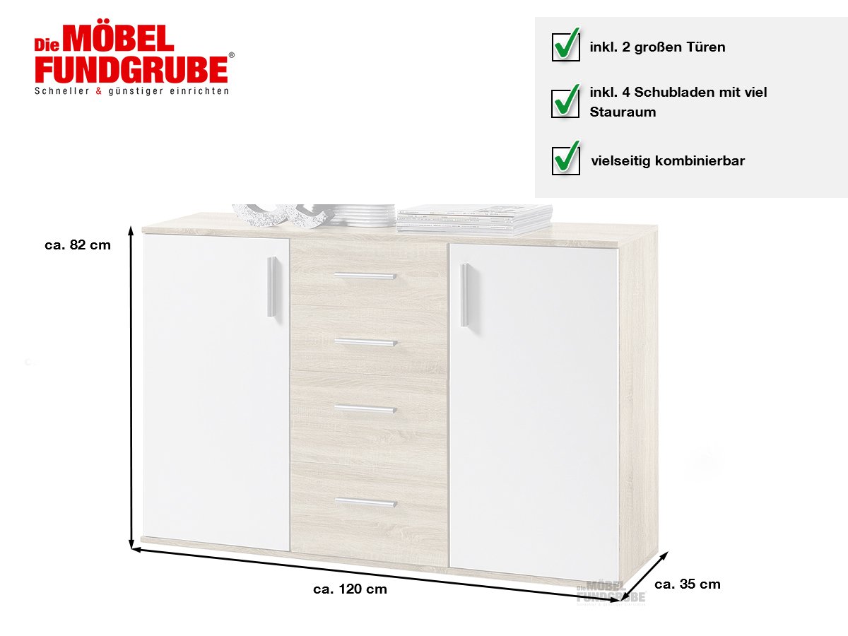 Kommode Sonoma Eiche - weiß 120 cm 2-türig - BOBBY