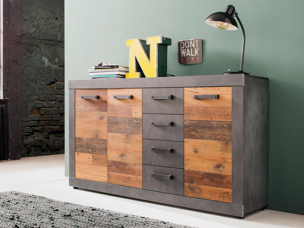 Sideboard mit 4 Schubladen Old Wood - Graphit Matera 151 cm - INDY