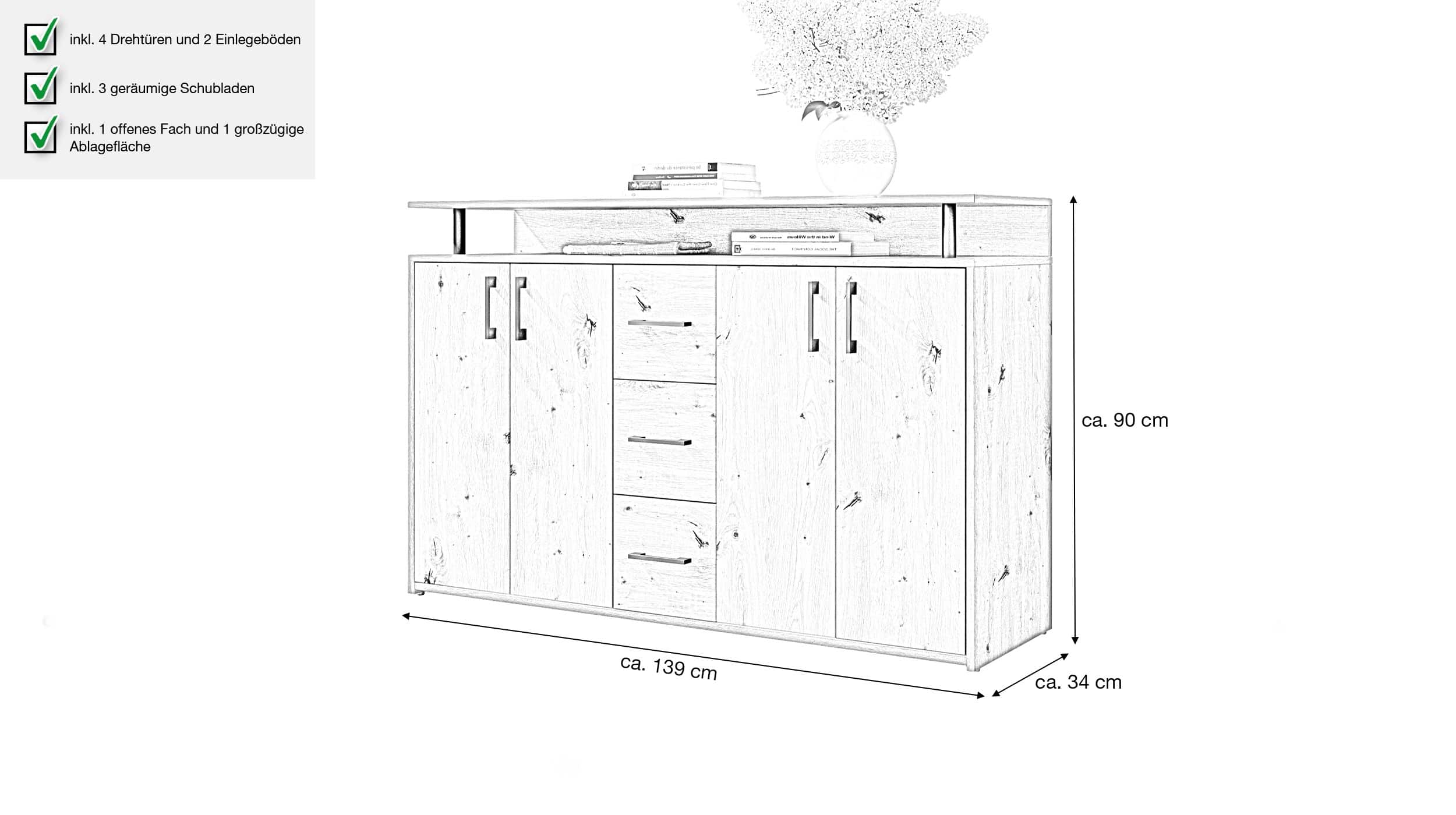 Highboard 4 Türen 3 Schubladen Artisan Eiche 139 cm - DRIFT