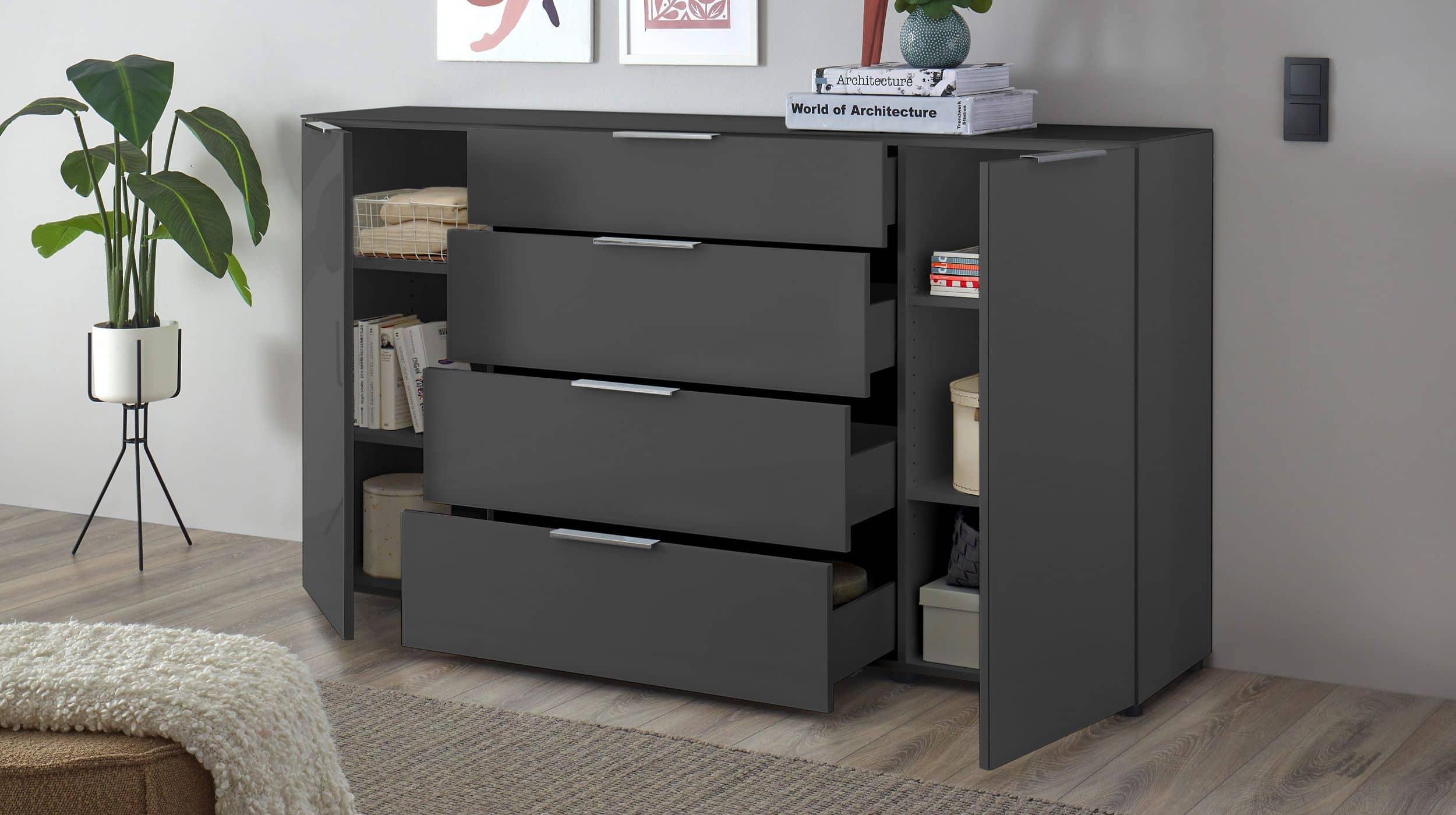 Sideboard 4 Schubladen - anthrazit - Glasfront - 180 cm - SANTORIN