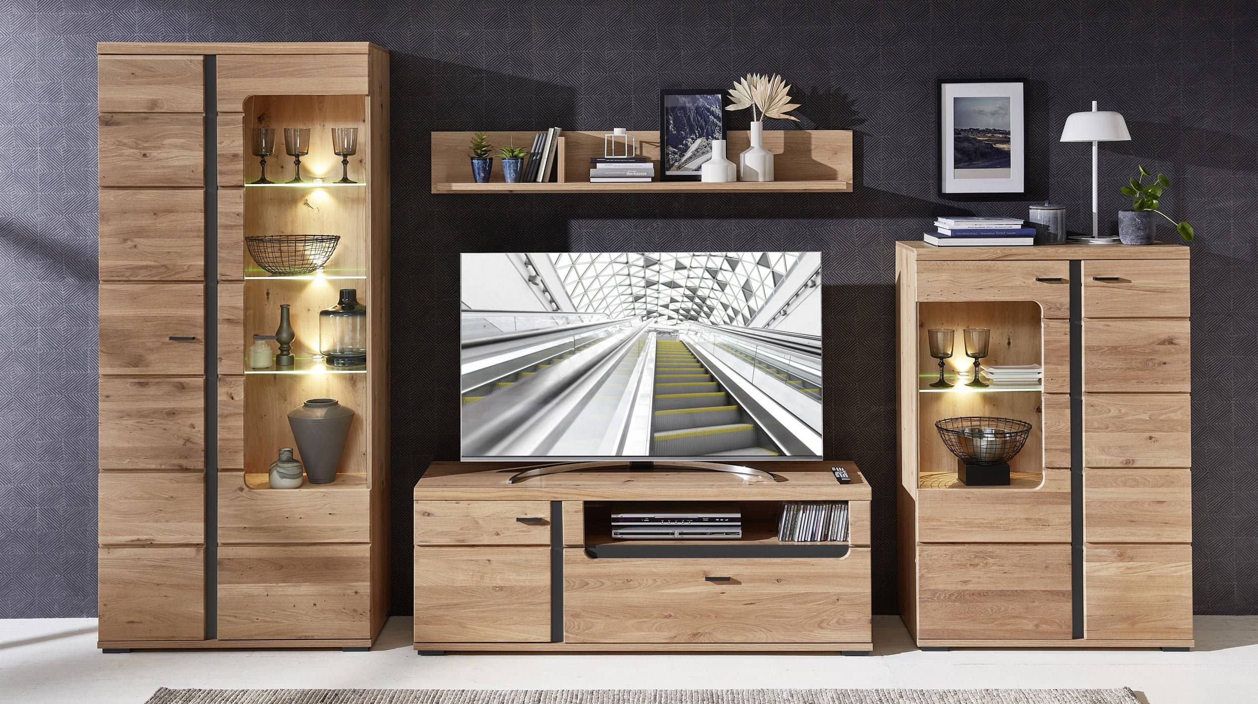 Wohnwand Altesche teilmassiv gebürstet 360 cm - SONOS