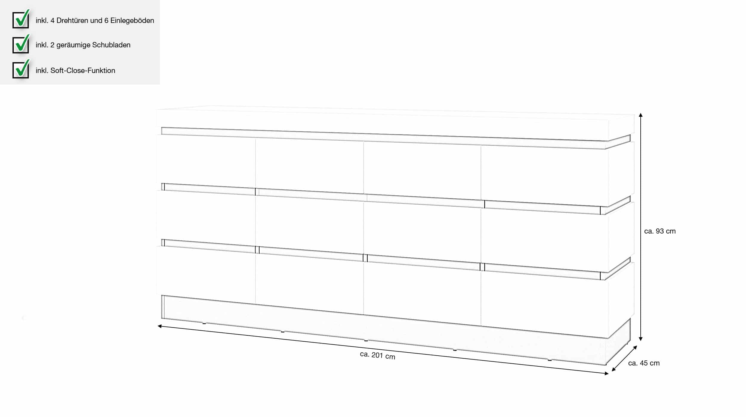 Sideboard alpinweiß anthrazit 201 cm - CAMPANIA