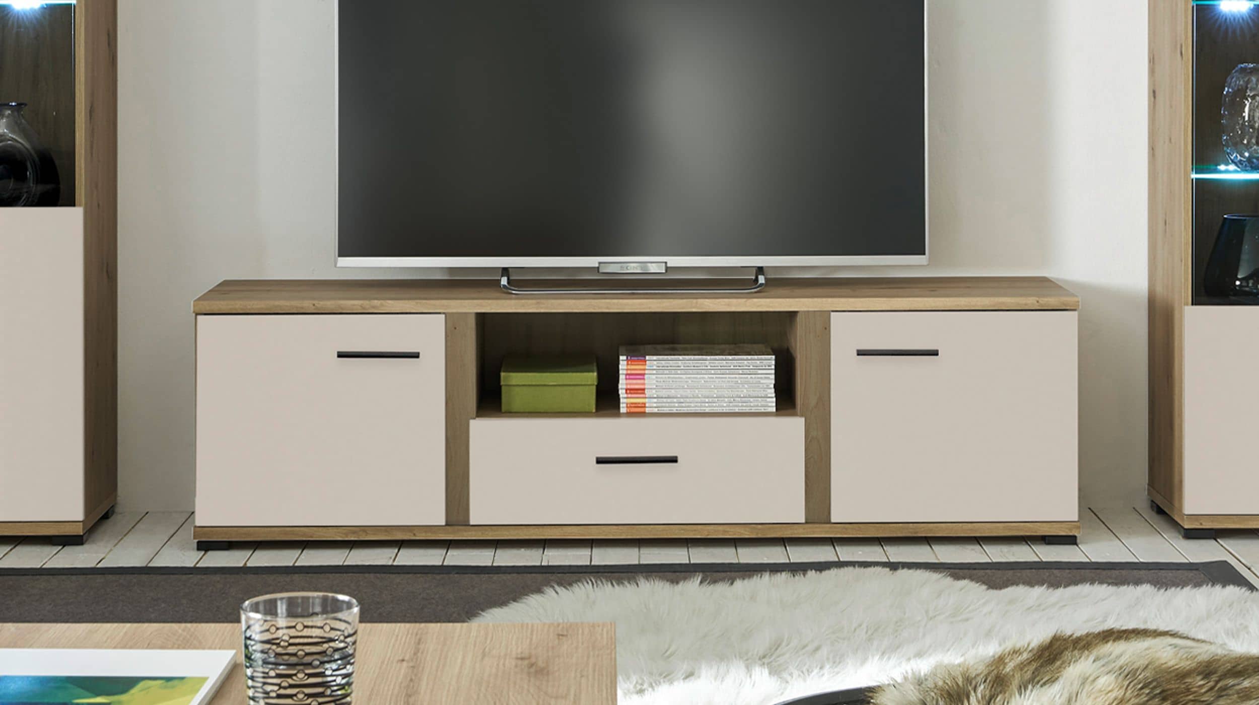 Wohnwand beige - Artisan Eiche 340 cm LED-Beleuchtung - KANADA