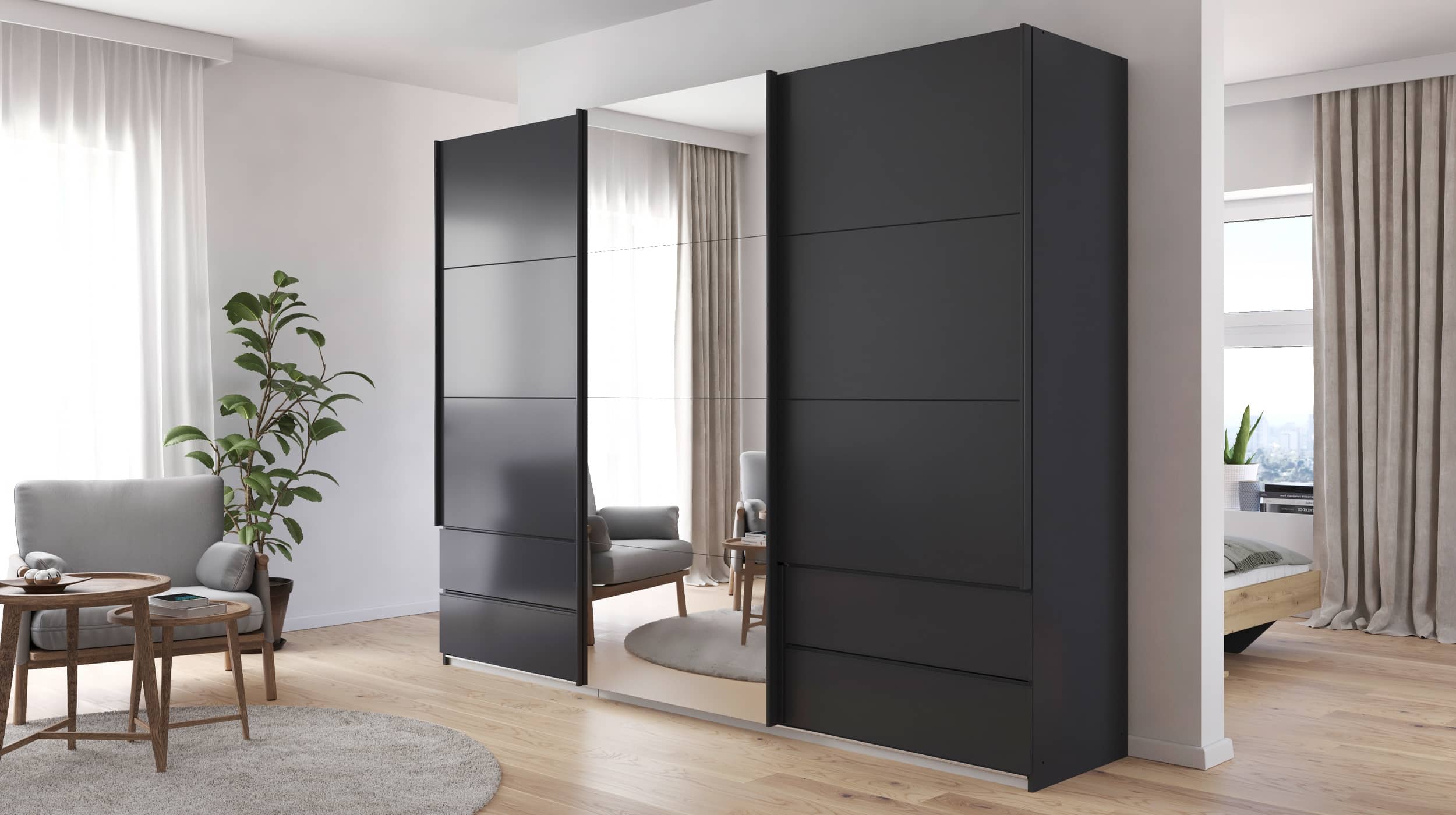 Schwebetürenschrank grau mit Spiegel 271 cm 3-türig - ELARA