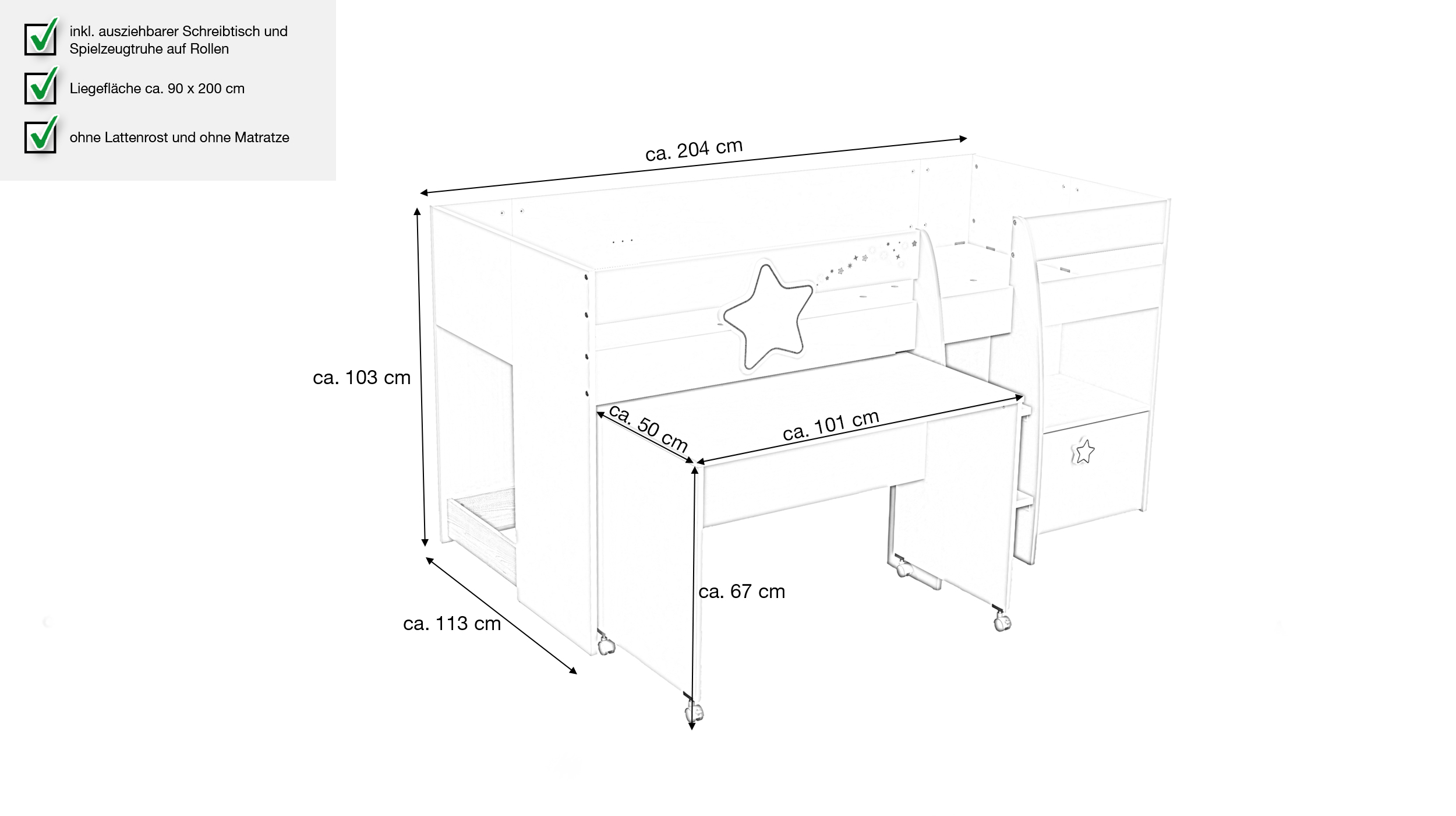 Hochbett 90 x 200 cm weiß - mit Schreibtisch - ETOILES