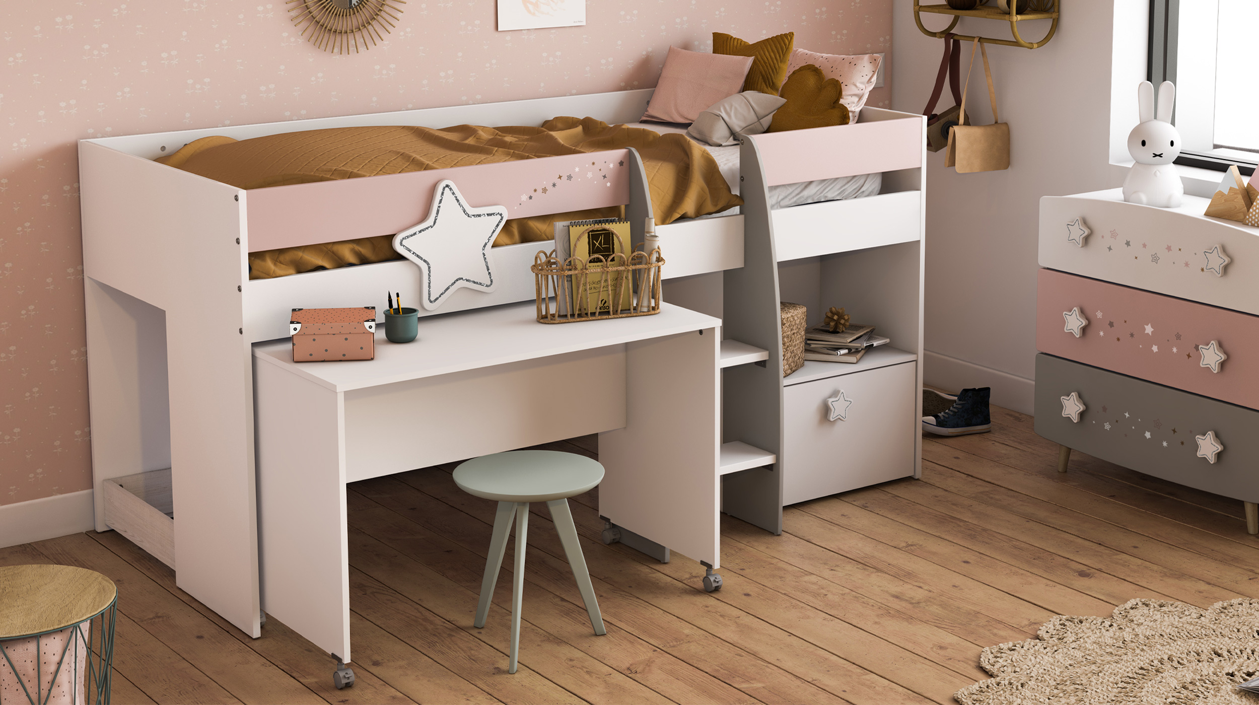 Hochbett 90 x 200 cm weiß - mit Schreibtisch - ETOILES
