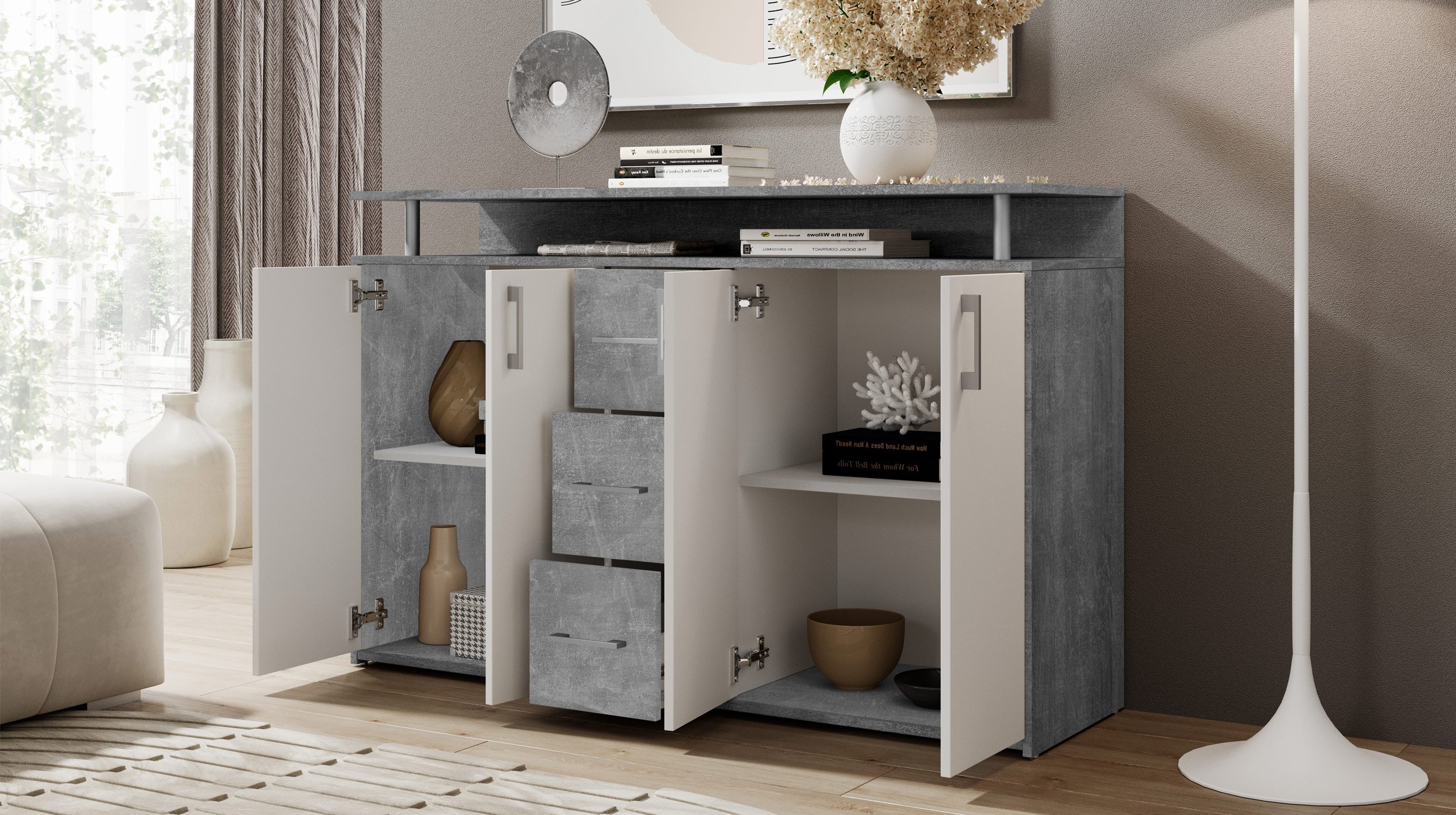 Highboard Betonoptik - weiß - 4-türig - 139 cm - DRIFT