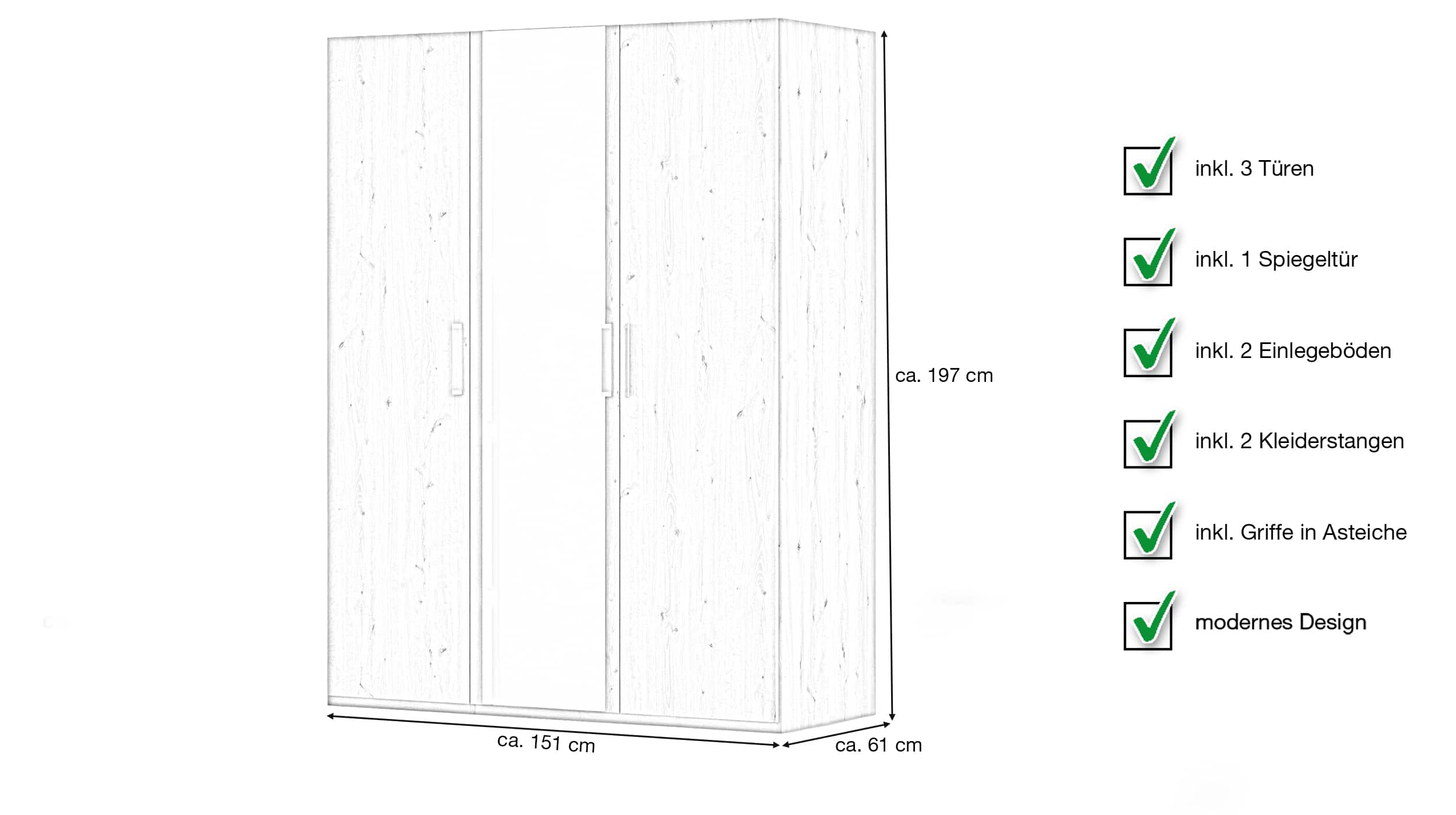Kleiderschrank mit Spiegel - Asteiche - 151 cm - EVELYN