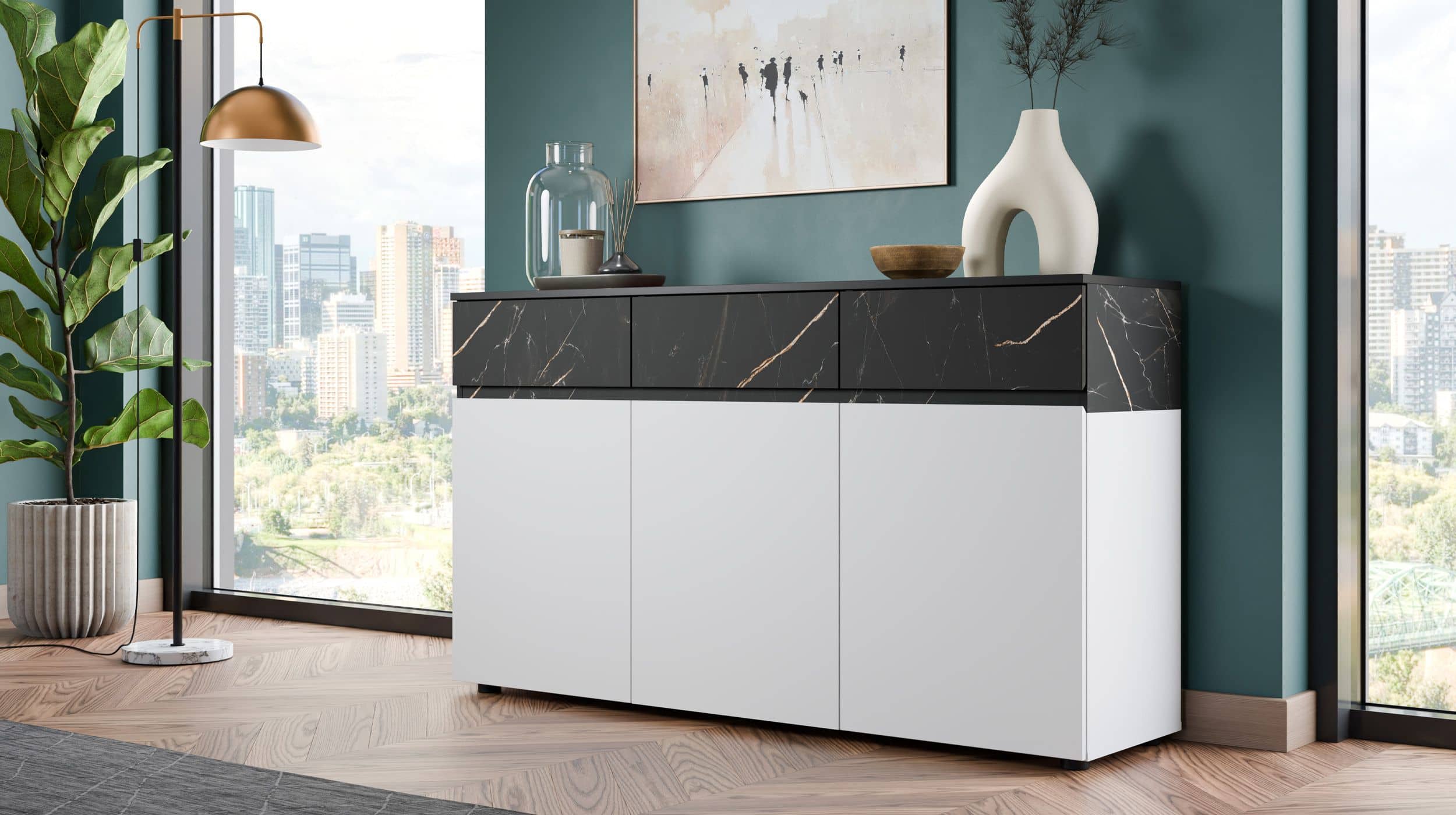 Sideboard mit 3 Schubladen alpinweiß - Marmoroptik 150 cm - MODATO