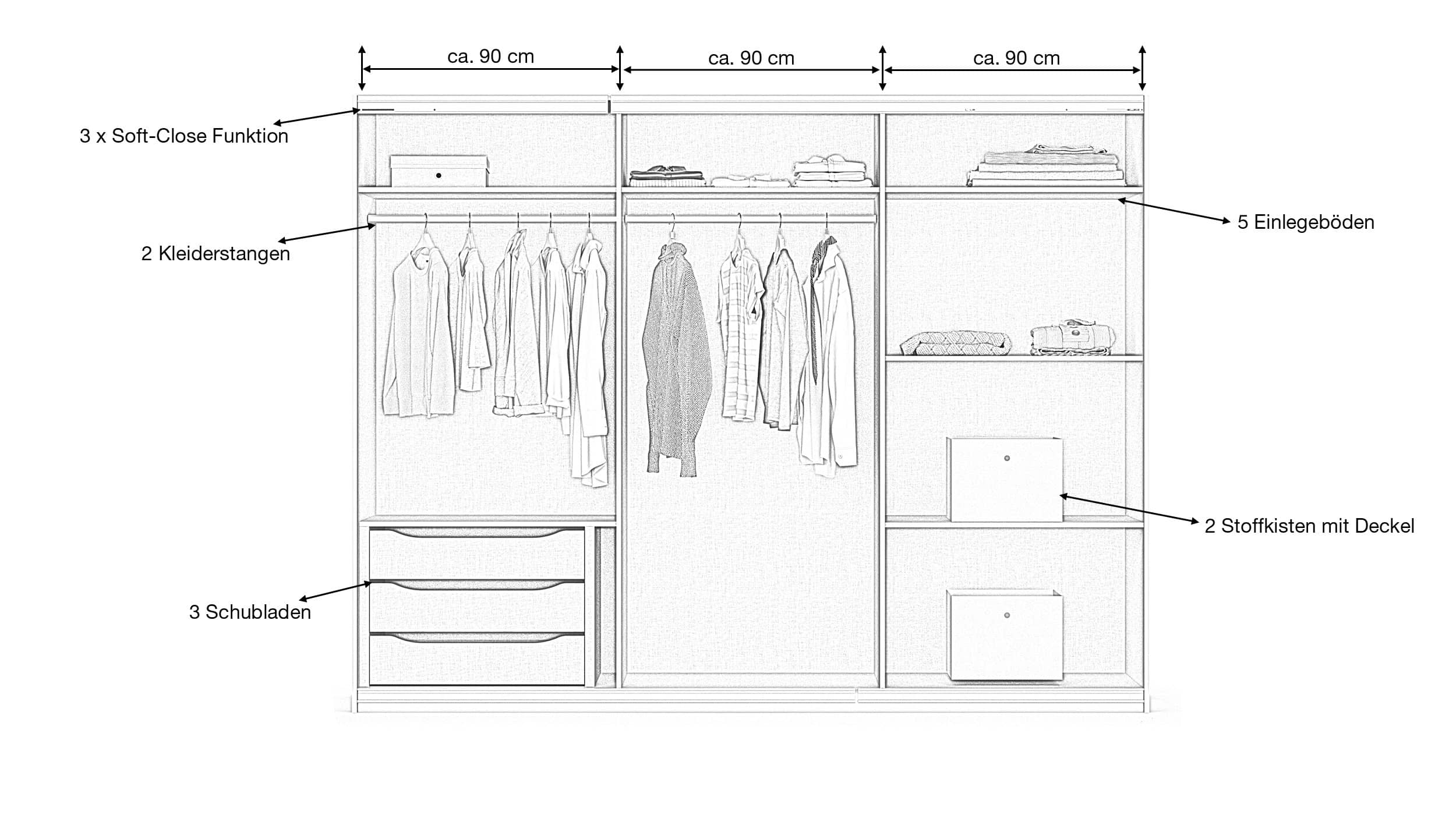 Schwebetürenschrank grau Glas 271 cm 3-türig - KULMBACH
