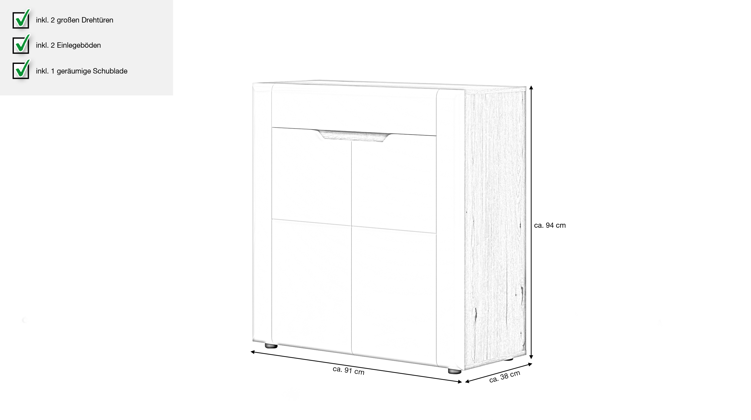 Schuhschrank weiß hochglanz - Eiche 91 cm - JARON 
