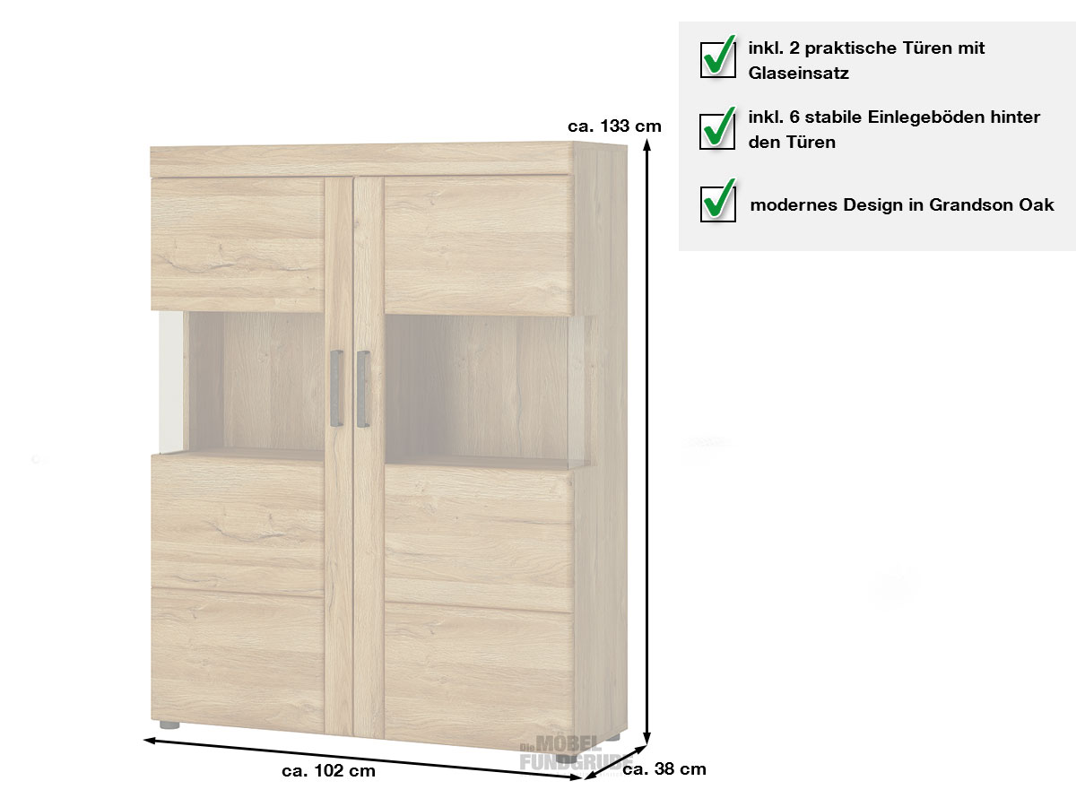 Vitrine Grandson Eiche 102 cm 2-türig - CORTINA