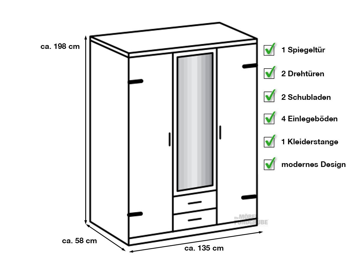 Kleiderschrank 135 cm Plankeneiche - graphit - LIVERPOOL
